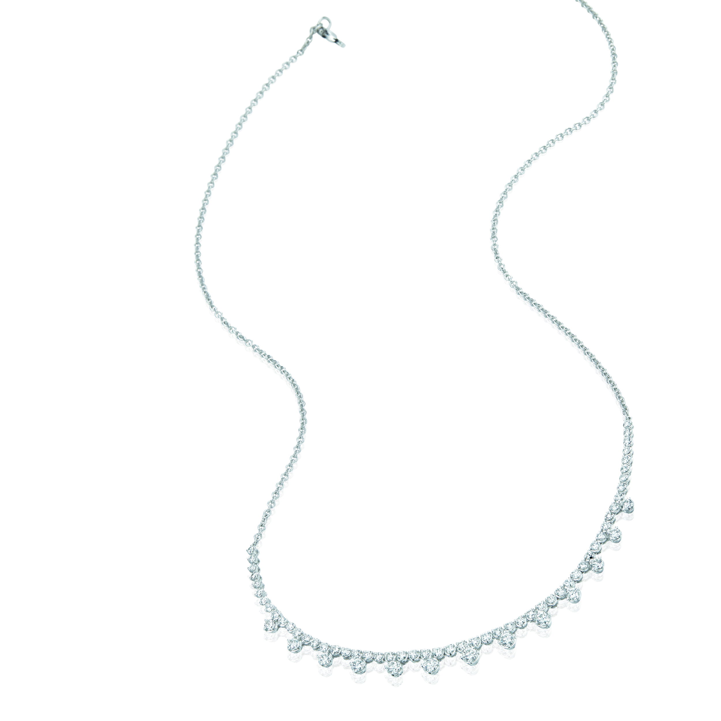 This line necklace features stationary drop diamonds that add a touch of movement and brilliance. Each diamond is carefully set to create a seamless flow of sparkle, making it the perfect piece for effortless sophistication. -18k White gold-Round diamonds, 2.01cts-Length 18"Item #: 807-00955 Drop Diamond Line Necklace