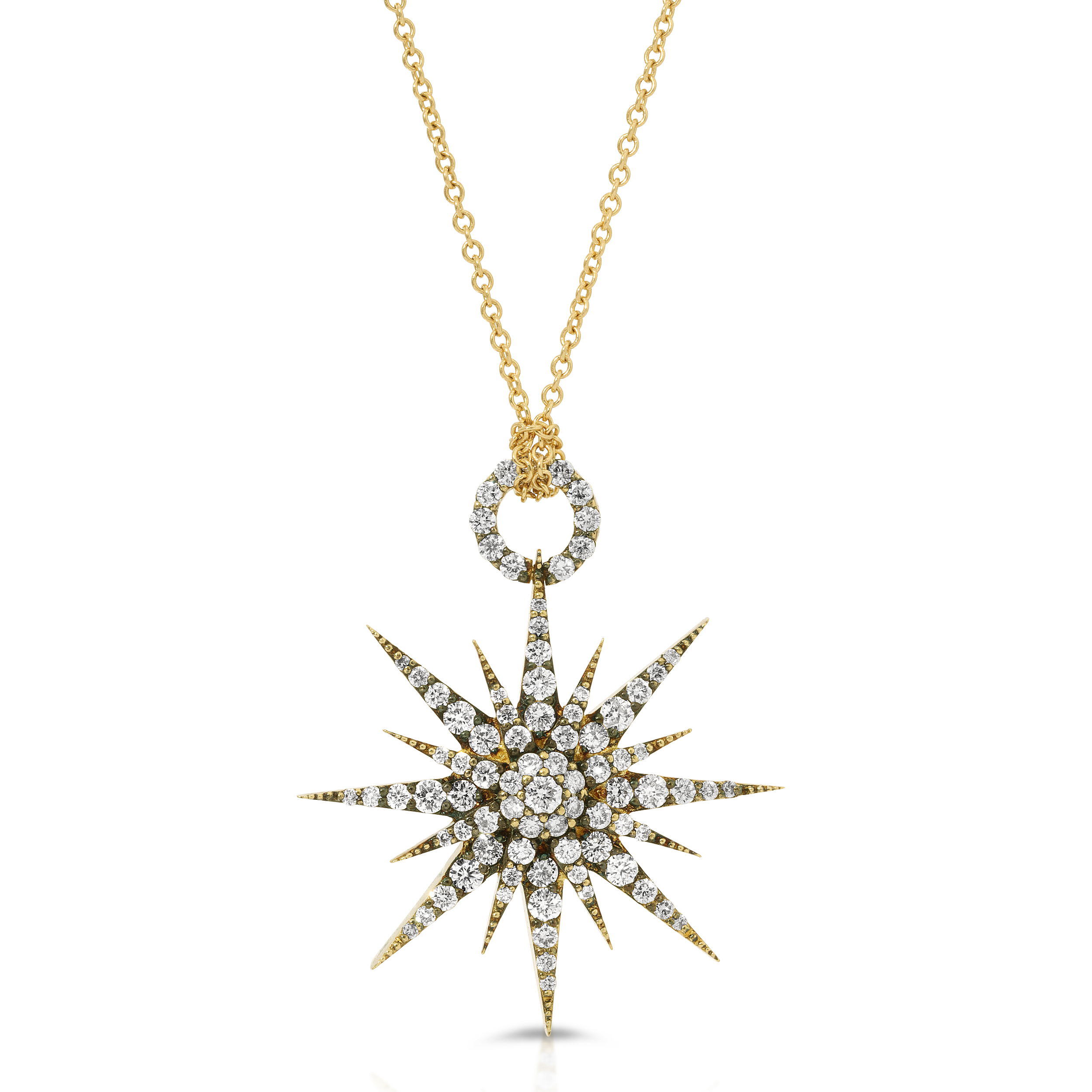 LORD Jewelry is a boutique fine jewelry atelier known for its masterful craftsmanship, intricate designs, and colorful collections. Lena and Sinork Agdere, the father-daughter team behind the Los Angeles based brand, is committed to creating unique, luxurious and timeless jewelry for connoisseurs of fine art and high fashion. Specializing in enamel work, a Lord piece is a great addition to any collection. -18K Yellow gold-Round diamonds, 0.79cts-Length, 18"Item# 807-01011 Star Burst Diamond Necklace