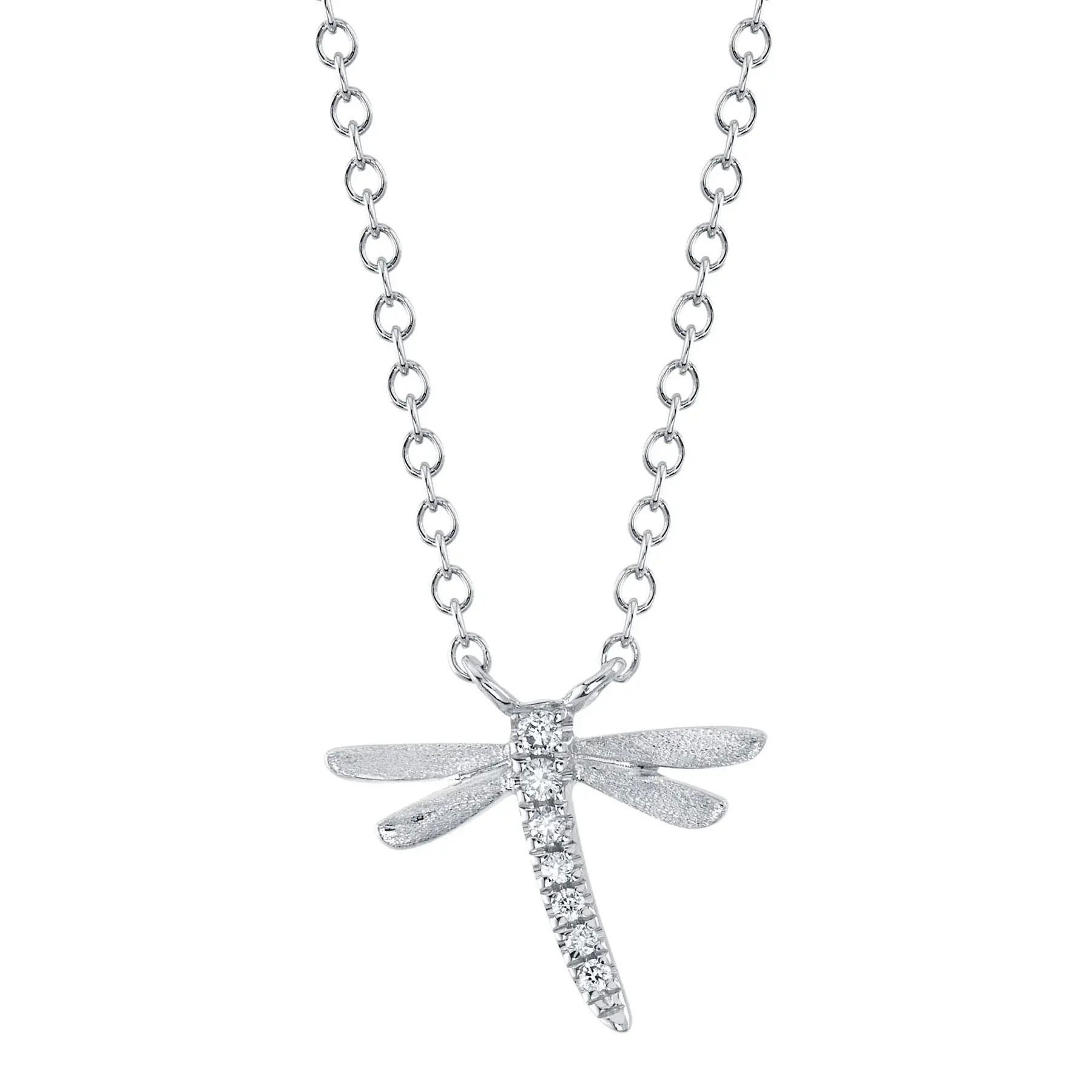 A beautiful accent piece or a stunning stand alone, this piece is the ideal addition to any collection. Shy Creation diamonds are natural and hand-selected. All stones are unique and hand set. As a result, you can expect slight variations in the shade, hue, tint of the color stones and stone count.-14k White gold-Round diamonds, 0.03cts-Dimensions, 0.35"L / 0.45"W-Chain length, 15"-18"Item# 807-01068 Diamond Dragonfly Necklace
