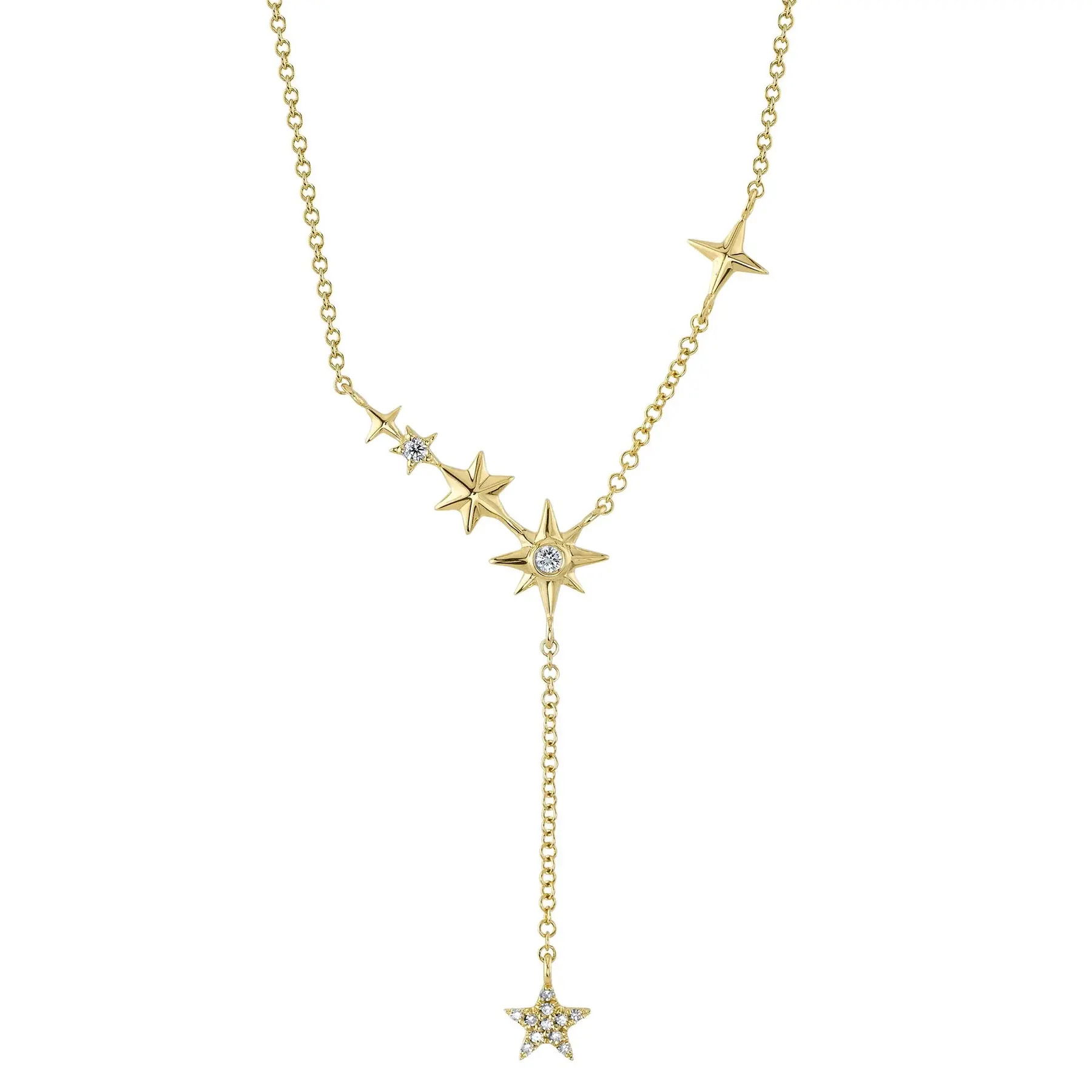 Wear it alone for a subtle statement or layered with other pieces—either way, it’s a must-have for your collection. All Shy Creation diamonds are natural and hand-selected. All stones are unique and hand set. As a result, you can expect slight variations in the shade, hue, tint of the color stones and stone count.-14k Yellow gold-Round diamonds, 0.03Ct, 0.04Ct-Chain length, 15"-18"-Lariat drop, 1.35"Item# 807-01070 Diamond Star Lariat Necklace