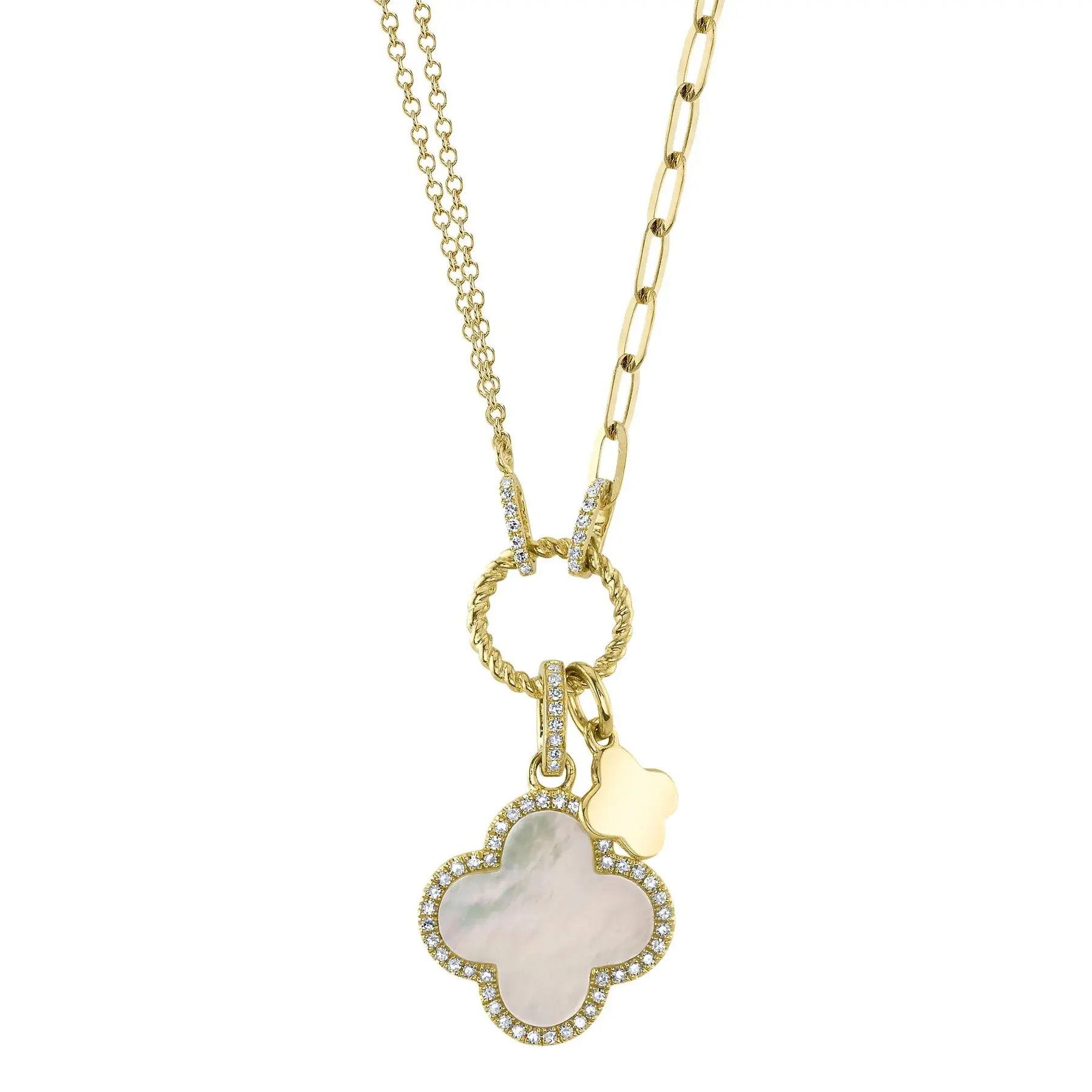 A true showstopper, this piece is designed to stand out and make a statement wherever you go. All Shy Creation diamonds are natural and hand-selected. All stones are unique and hand set. As a result, you can expect slight variations in the shade, hue, tint of the color stones and stone count.-14k Yellow gold-Mother of pearl, 1.36cts-Round diamonds, 0.17cts-Dimensions, 1.20"L / 0.60"W-Chain length, 15"-18"Item# 807-01090 Diamond and Mother Of Pearl Clover Paper Clip Link Necklace