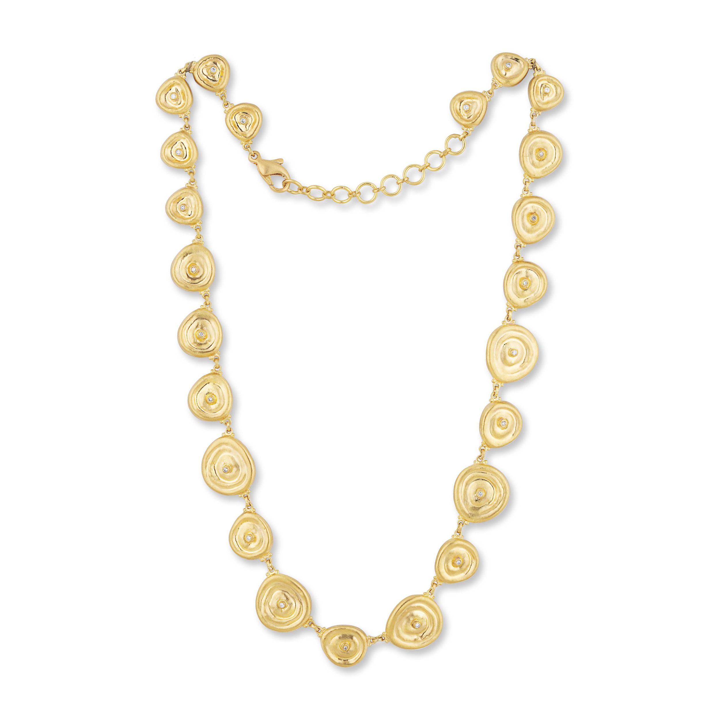 Crafted from luxurious 24k yellow gold, the "Roundabout" necklace features elegant diamond rondettes for a touch of sparkle. Elevate your collection with this timeless piece, perfect for any occasion—shop now and indulge in sophisticated luxury.-24k Yellow gold-Diamond rondettes, 0.25cts-Length, 16.5"-18" on adjustable chainItem# 001-807-01096 Roundabout Necklace
