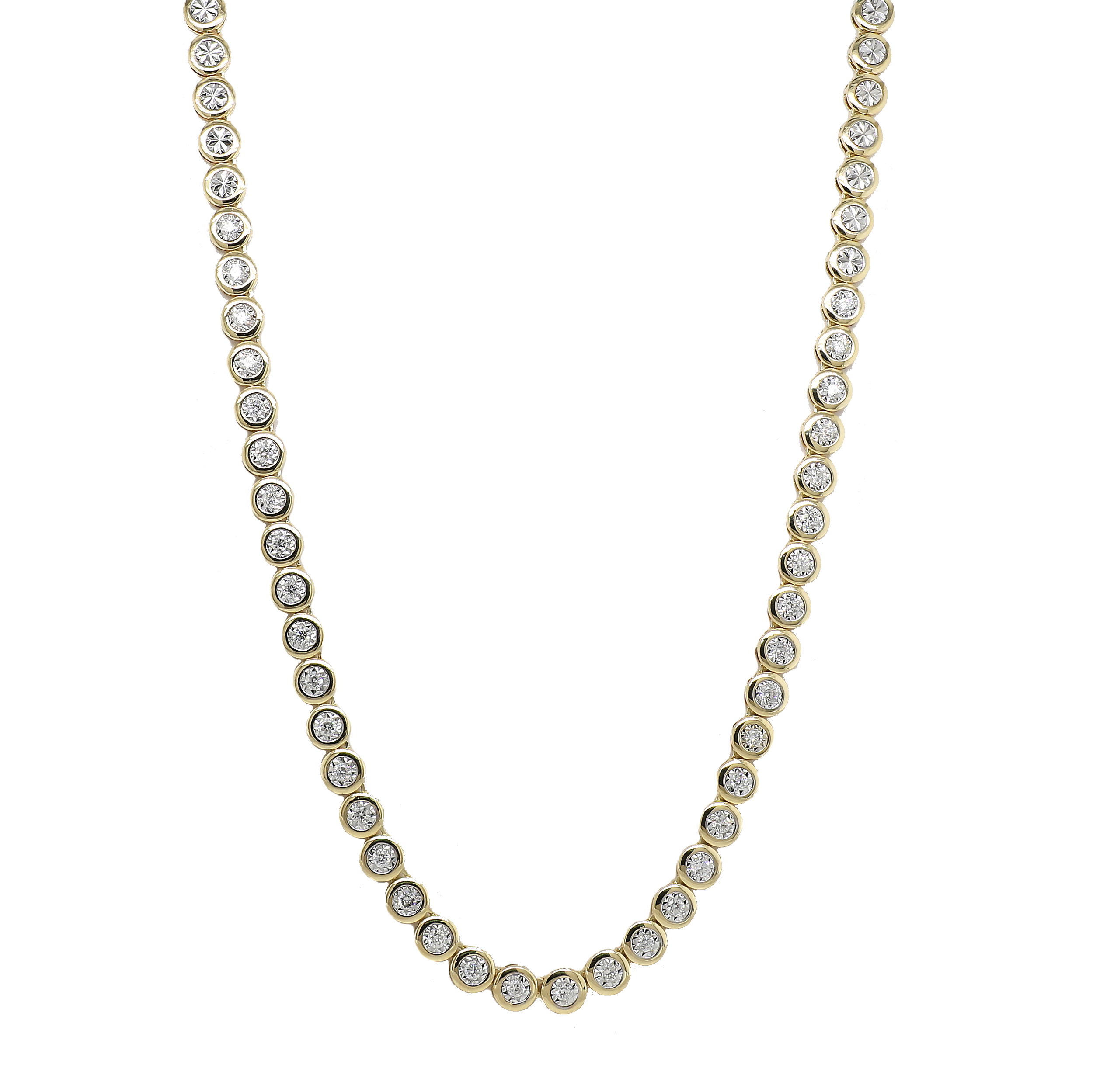 Elegant and timeless, this bezel set line necklace showcases a continuous row of brilliant diamonds, each encased in a sleek, smooth setting. Designed for effortless sophistication, it’s perfect for both everyday luxury and special occasions.-14k Yellow and White gold-Round diamonds, 2.10cts-Length 18"Item# 807-01121 Bezel Line Necklace