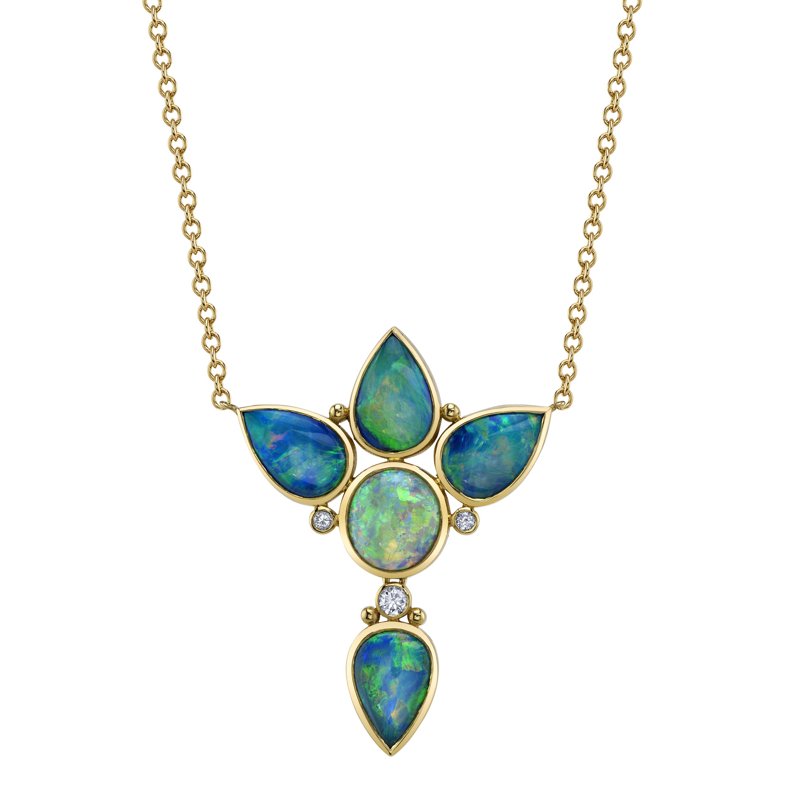 This captivating necklace in 18k yellow gold showcases a stunning black opal, complemented by opals and sparkling round diamonds. Its vibrant play of color and brilliant diamonds make it a standout piece, perfect for elevating any look with elegance and intrigue.-18k Yellow gold-Round “lightning ridge” black opal, 1.63cts-Pear shaped opal doublet-Round diamonds-Length 18"Item# 807-01128 Illumine Neckalace