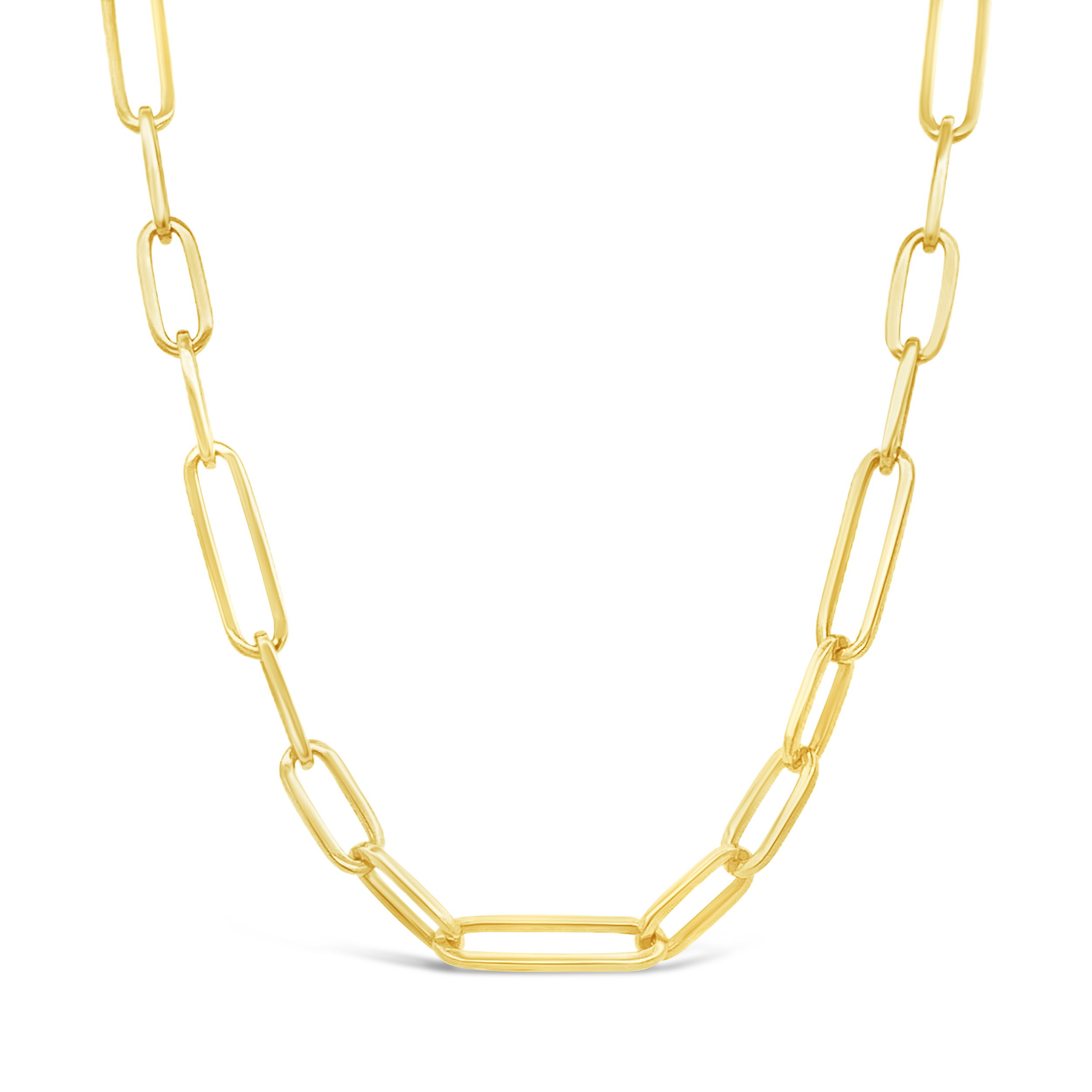 This paperclip necklace features sleek, polished gold links in a simple yet modern design. The elongated links create a clean, contemporary silhouette, making it a versatile piece that pairs effortlessly with both casual and more formal outfits.-18k Yellow gold-Length 16"Item# 807-01157 Paper Clip Link Necklace