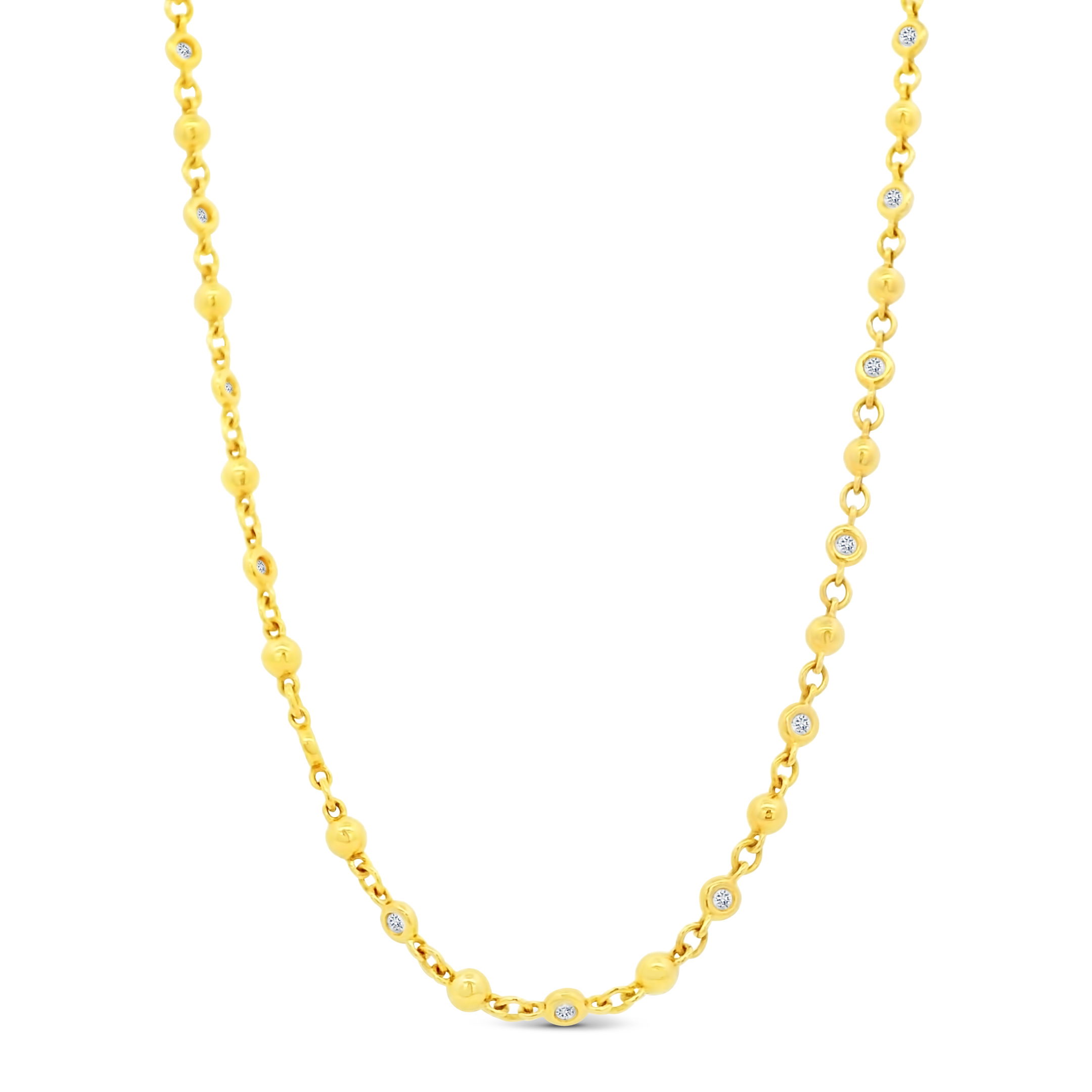 Erica Courtney presents this classic 18k yellow gold necklace featuring round diamonds. Timeless and versatile, it adds a touch of sparkle to any look. Pair with a pendant for added style and versatility.-18k Yellow gold-Round diamonds, 0.41cts-Length 18"Item# 001-807-01158 Dainty Ball Chain