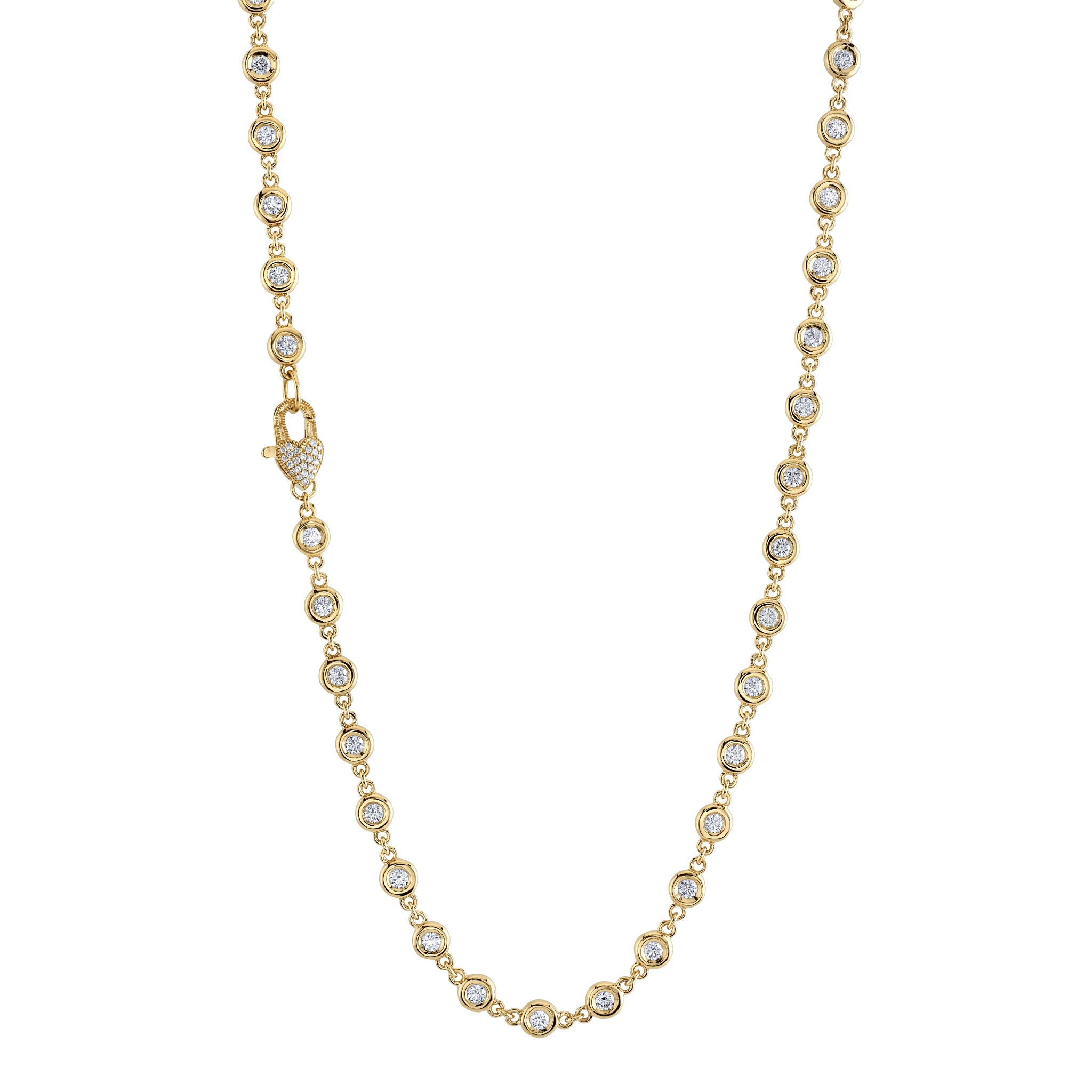 Erica Courtney presents this 18k yellow gold necklace featuring shimmering round diamonds and a pavé heart clasp. Romantic and refined, it adds a touch of elegance and charm to any look. Pair with a pendant for added style and versatility.-18k Yellow gold-Round diamonds, 4.55cts-Length 18”Item# 001-807-01160 Pave Heart Clasp Necklace