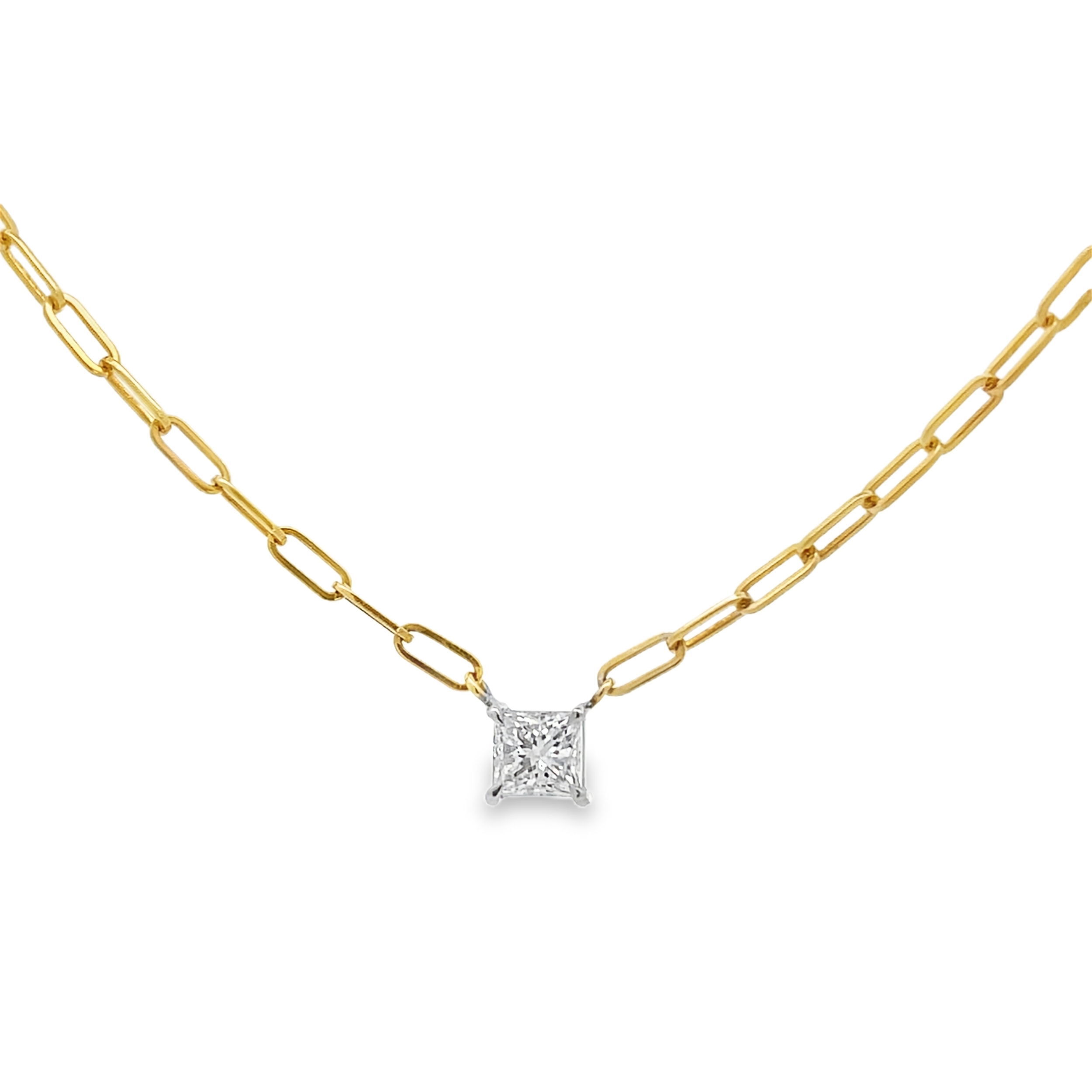 Set in 18k yellow gold, this diamond necklace offers a refined sparkle with just the right amount of shine. Its clean, elegant design makes it a beautiful everyday piece or a subtle statement for special occasions.-18k Yellow gold-Diamonds, 1.12cts-Length 18"Item# 001-807-01203 Princess Cut Necklace