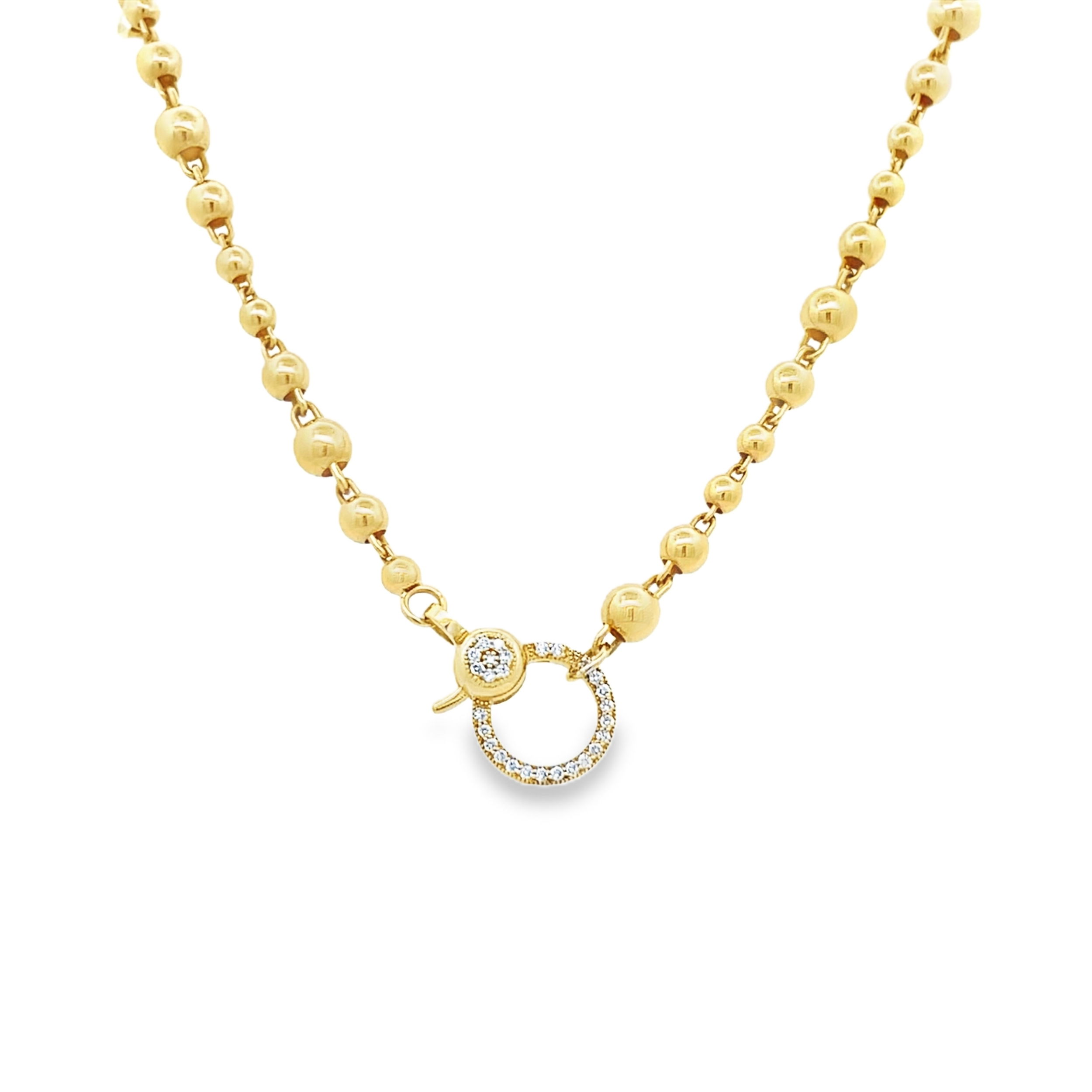 Norman Covan's 18k yellow gold bead necklace shows off an alluring 0.5 carats of round brilliant diamonds at 16" in length. A pave circle clasp is the pop of sparkle any woman would love for any special occasion. -18k yellow gold-Diamond, 0.50 carats-Length, 16. inchesItem# 001-807-01214 Diamond Bead Necklace