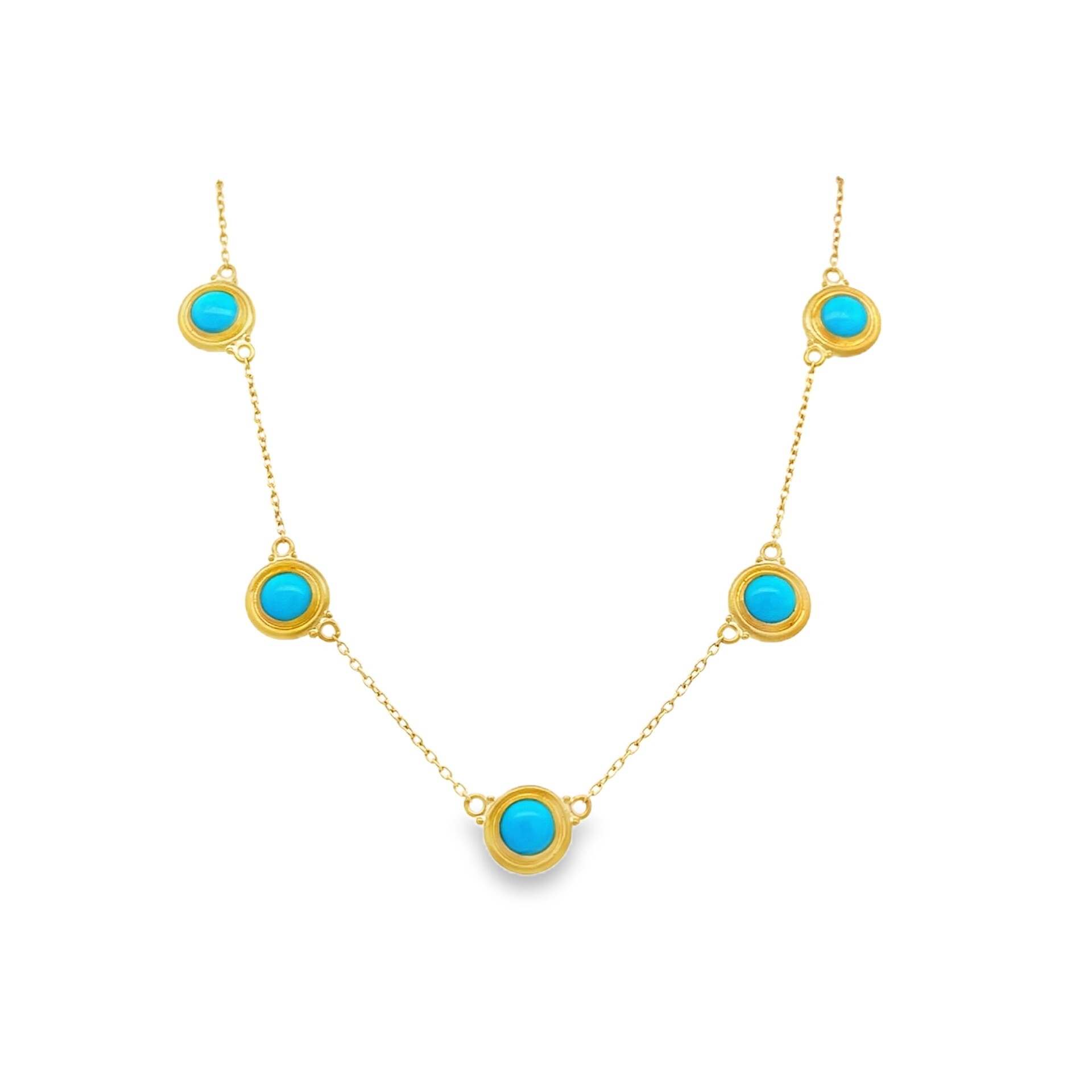 The Sonoran Sunshine Necklace—a stunning fusion of vibrant turquoise and luxurious 24k yellow gold. This necklace features captivating turquoise gemstones encircled by lustrous yellow gold. This necklace is a versatile addition to any jewelry collection, perfect for both everyday wear and special occasions.-24k Yellow gold-Turquoise, 5.64cts-Length 18"Item# 001-807-01249 Sonoran Sunshine Necklace