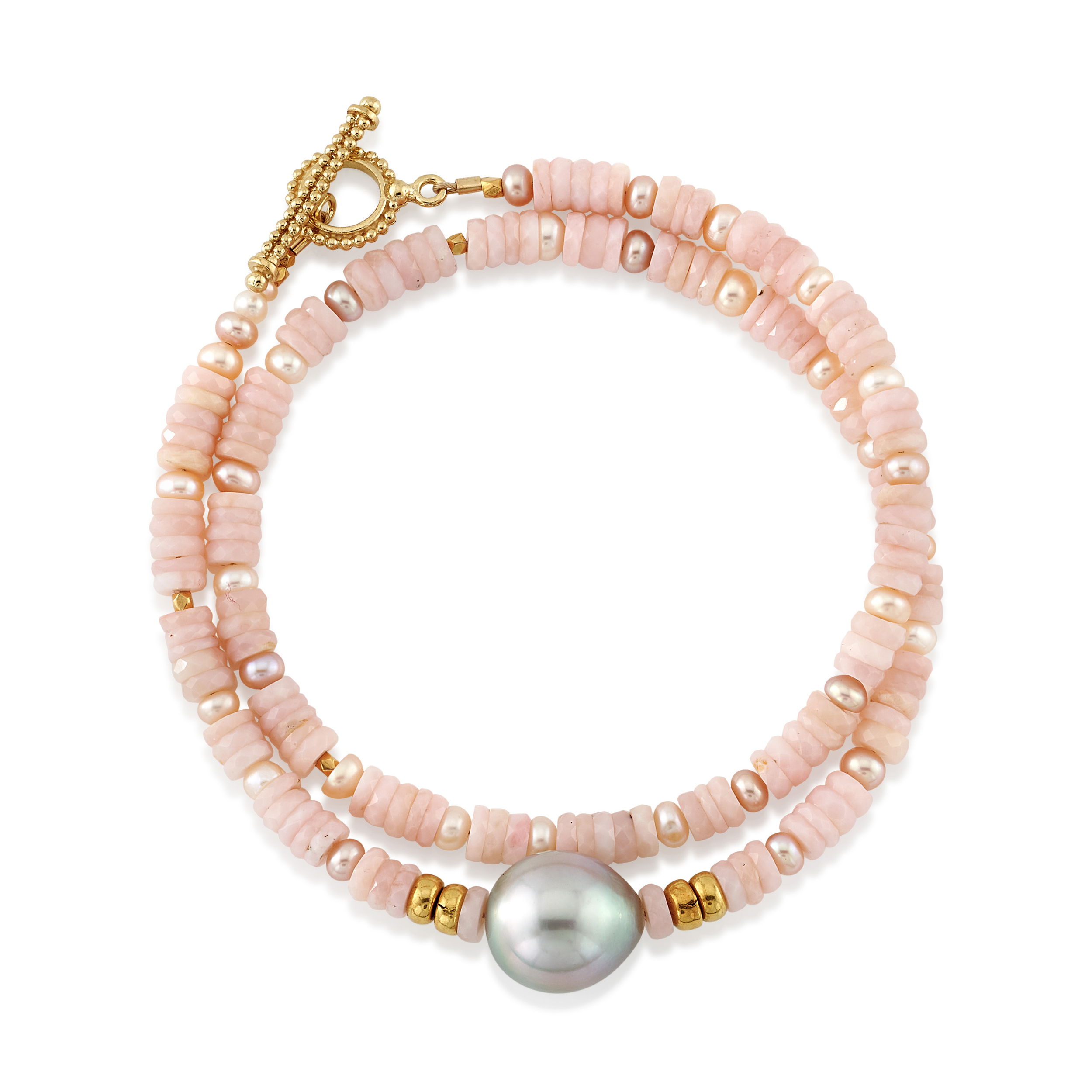 The 18k yellow gold wrap bracelet with Tahitian pearls and pink opal is ideal for any occasion. It effortlessly transitions into a long or layered necklace for versatility. Available in additional sizes and materials. Contact us to explore your options.-18k Yellow gold-Tahitian pearl and pink opal-Length 14.5"Item# 808-00793 Convertible Wrap Bracelet | Pink Opal