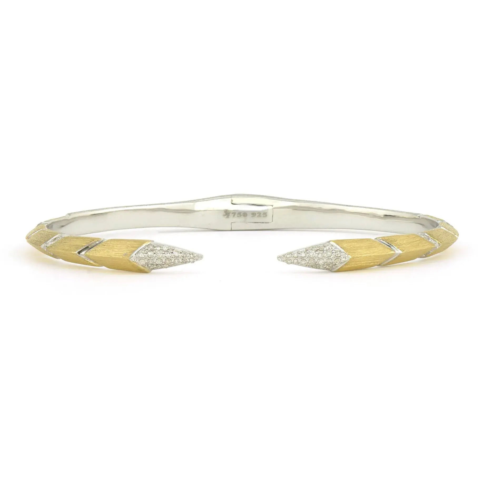 Combining classic elegance with on trend shapes and styles, JFJ offers something for women of all ages. From the Mixed Metal Collection, this bangle features pave round diamonds set in sterling silver accented with 18K yellow gold and the signature brushed JFJ finish.-18k Yellow gold-Round diamonds, 0.26cts-Size, 6.5Item# 808-01041 Narrow Mixed Metal Open Raised Pyramid Pave Bangle