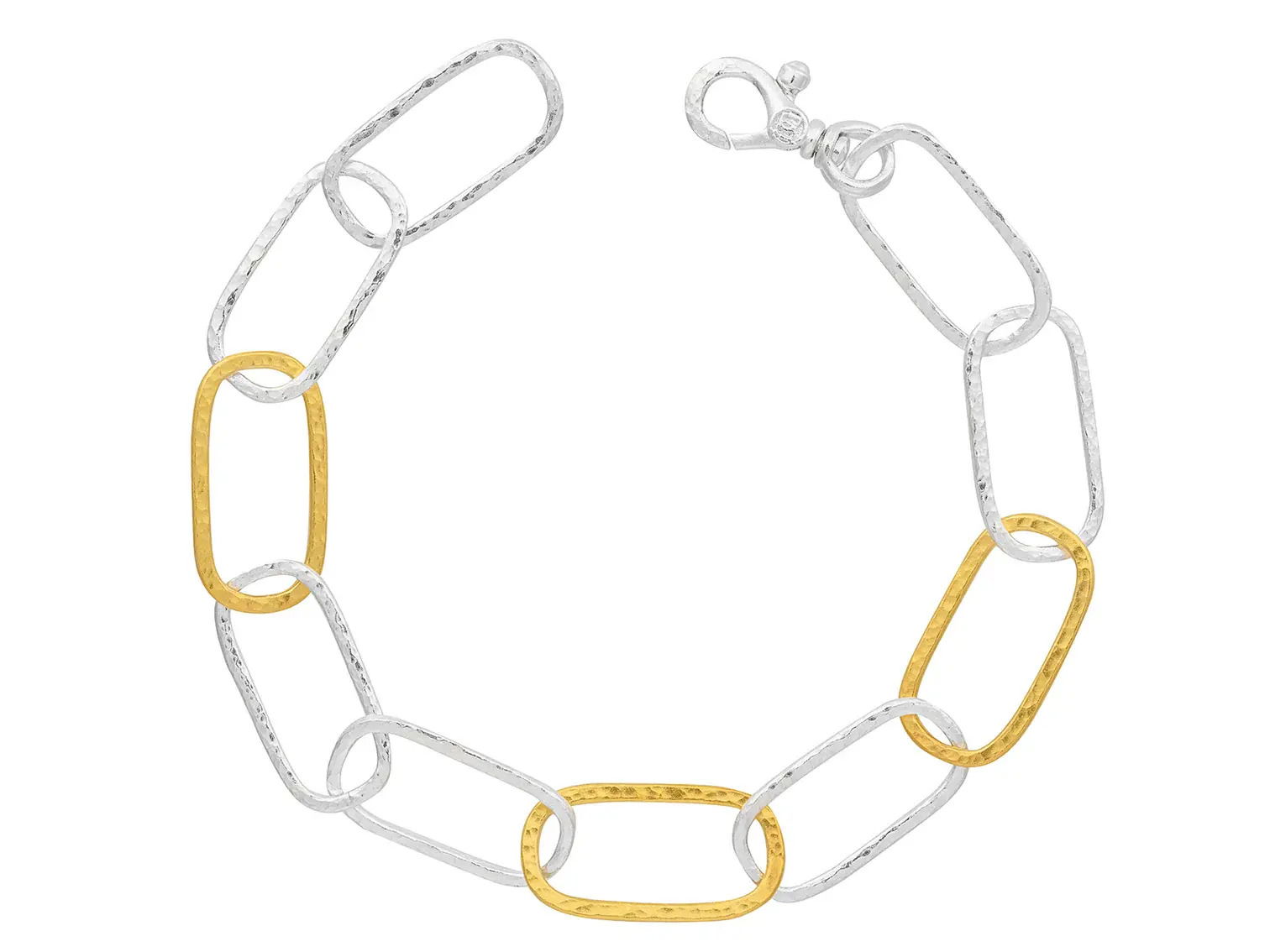 This link bracelet combines gold and sterling silver for a sleek, two-tone design. Its versatile style makes it perfect for both casual and formal wear.-Sterling silver-24k Yellow gold-Length 8"Item# 001-808-01052 Gold Link Bracelet