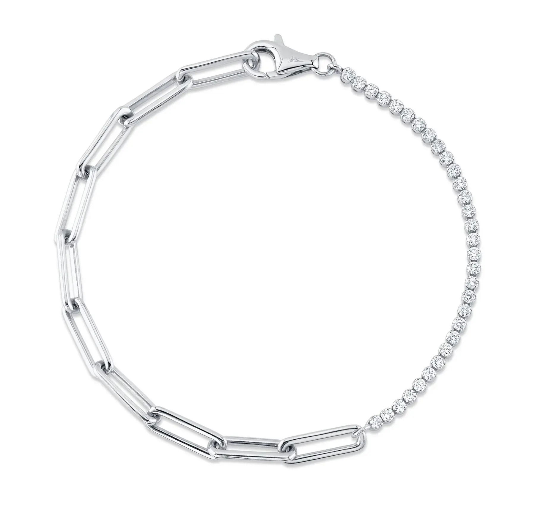 Chic yet understated, this piece brings everyday elegance to your look. All Shy Creation diamonds are natural and hand-selected. All stones are unique and hand set. As a result, you can expect slight variations in the shade, hue, tint of the color stones and stone count.-14k White gold-Round diamonds, 0.66cts-Dimensions, 0.15"W-Size SItem# 808-01072 Diamond Paperclip Link Bracelet