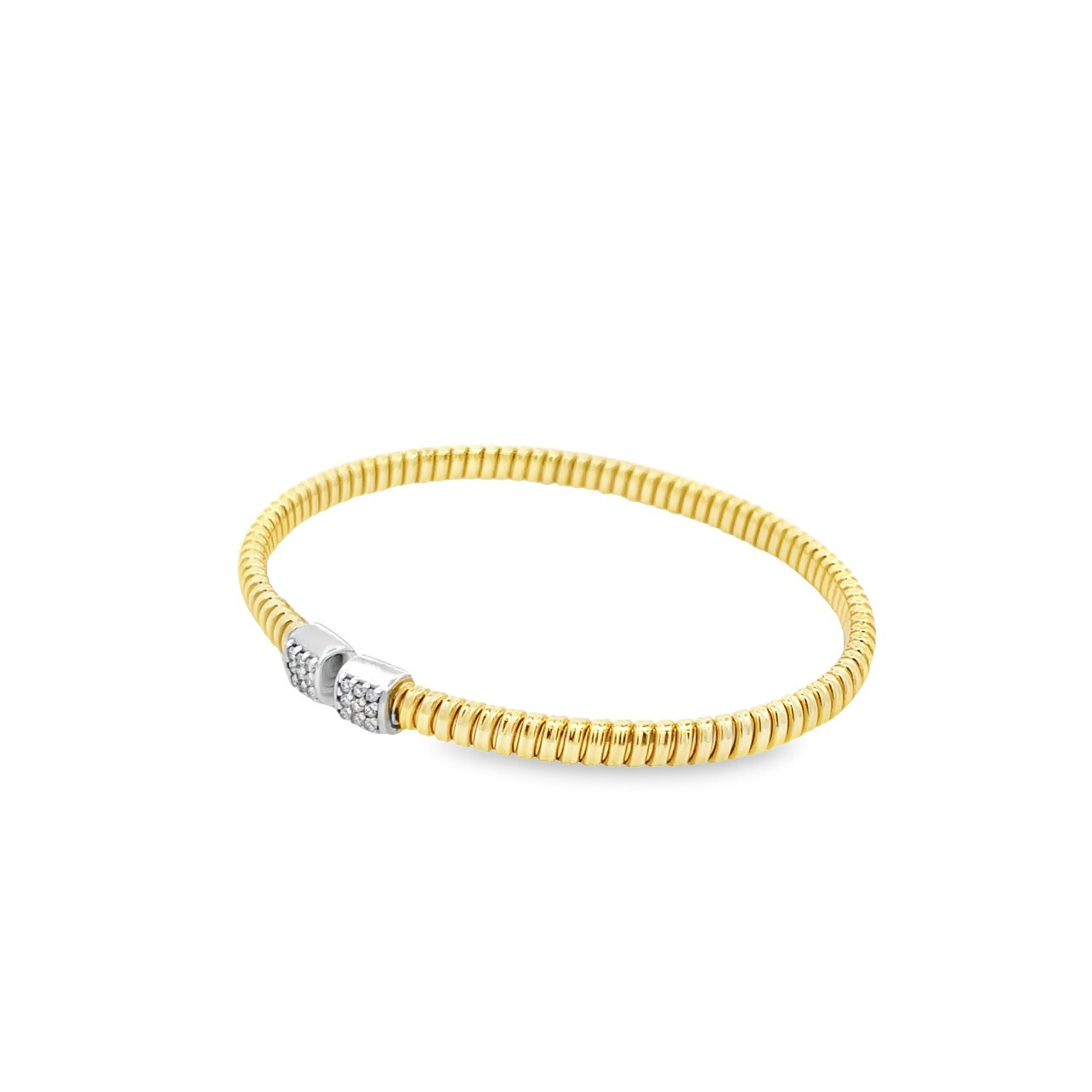 The two-toned “Connections” bangle blends different metal tones and diamonds. The open design represents balance and unity, making it a stylish reminder of the connections that matter most.-18k Yellow and White gold-Round diamonds, 0.15cts-Size Item# 808-2000080 Open Connections Bangle