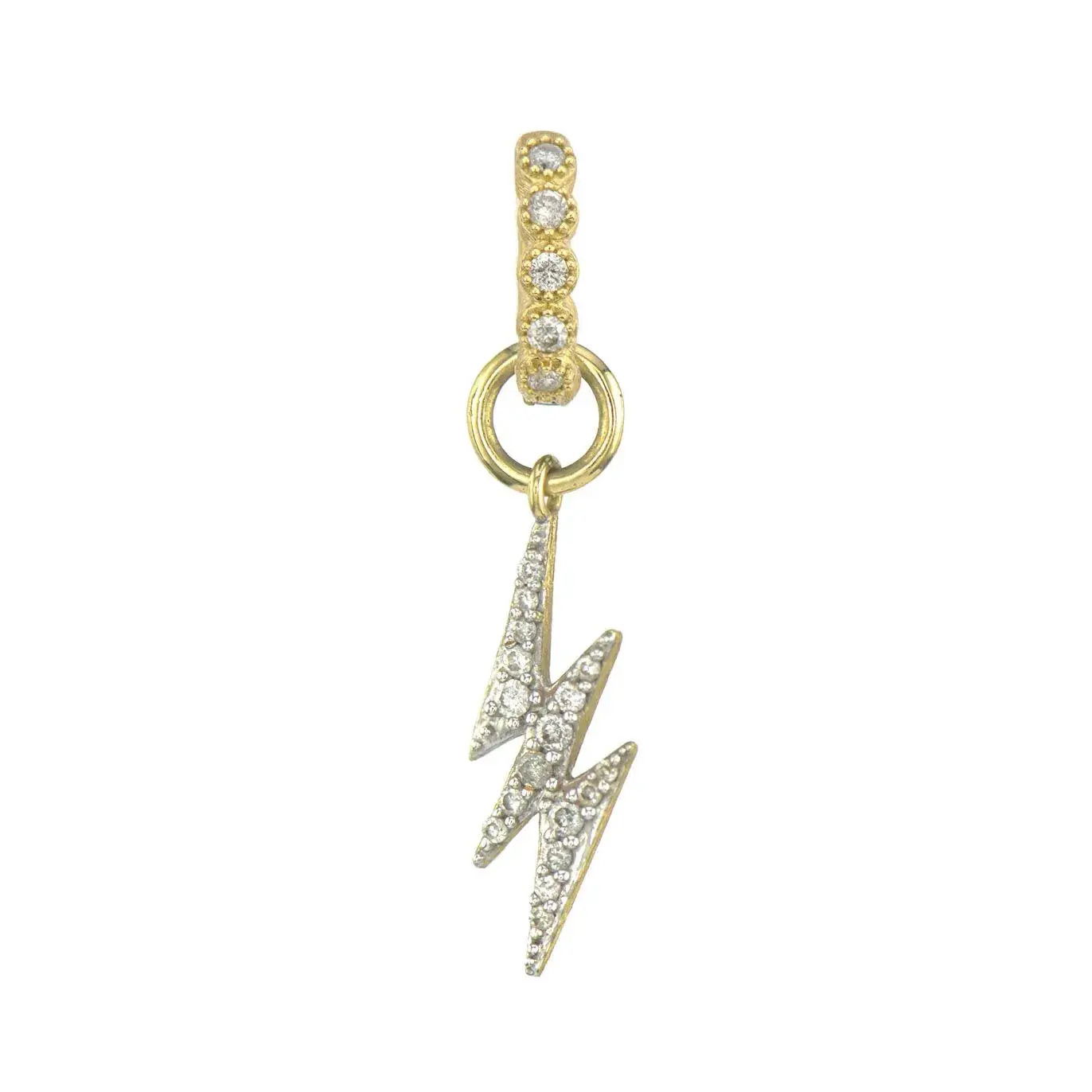 Combining classic elegance with on trend shapes and styles, JFJ offers something for women of all ages. From the Petites Collection, this charm features pave round diamonds set in an 18K yellow gold lightning bolt design. Charms sold as singles. Hoops and charms sold separately.-18k Yellow gold-Round white diamonds, 0.04ctsItem# 809-00536 Petite Lightning Bolt Earring Charm