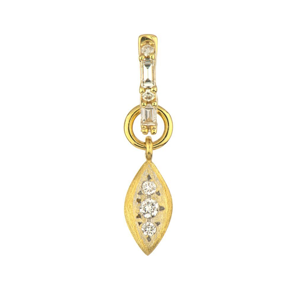 Combining classic elegance with on trend shapes and styles, JFJ offers something for women of all ages. These petite charms feature a sleek marquise shape, beautifully accented with sparkling diamonds. Their delicate size and shimmering details add a refined touch of sophistication to any earring or jewelry design.-18k Yellow gold-Round white diamondsItem# 809-00581 Petite Diamond Earring Charms