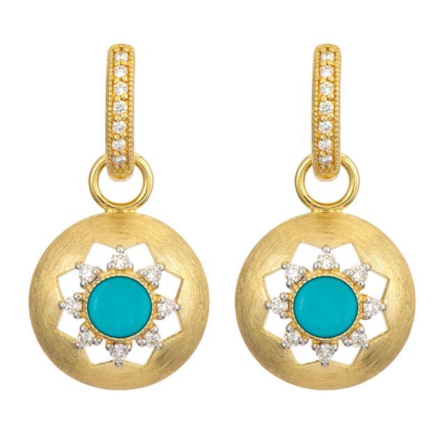 Combining classic elegance with on trend shapes and styles, JFJ offers something for women of all ages. These charms are a perfect addition to any hoop or huggie, highlighting any outfit and jewelry you plan to wear for the day or evening. Hoops and charms sold separately.-18k Yellow gold-Turquoise-Round white diamondsItem# 809-00604 Brushed Gold Turquoise Charms