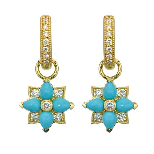 Combining classic elegance with on trend shapes and styles, JFJ offers something for women of all ages. From the Moroccan Collection, these charms feature pear cut turquoise and round white diamonds set in 18k yellow gold. These pieces are perfect to make a statement or to be worn casually. Hoops and charms sold separately.-18k Yellow gold-Round white diamonds-Pear TurquoiseItem# 809-00623 Turquoise Flower Charms