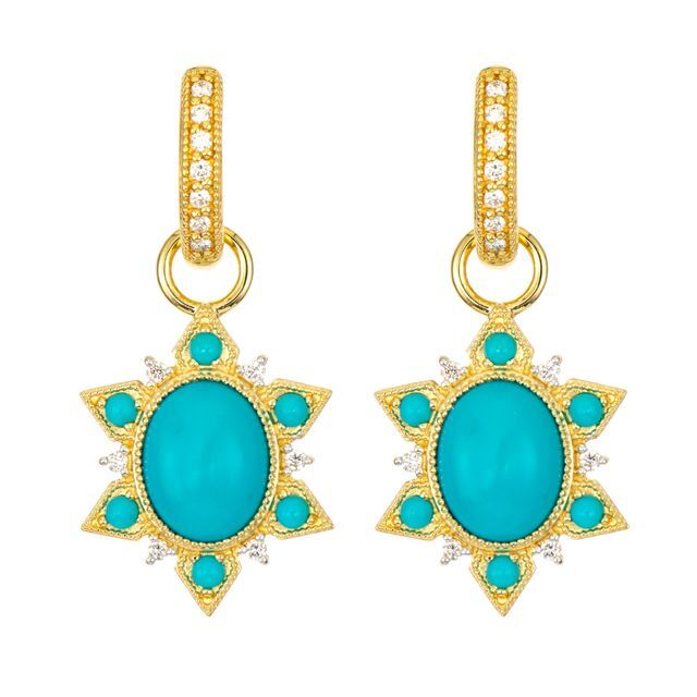 Combining classic elegance with on trend shapes and styles, JFJ offers something for women of all ages. These charms will accentuate any look, style, or design you have in mind. With turquoise as the prominent stone, you are sure to turn heads whether you are wearing them for daily wear or a night out. Hoops and charms sold separately. -18k Yellow gold-Cabochon turquoise-Round turquoise-Round white diamonds-Dimensions, 9mm x 7mmItem# 809-00638 Turquoise Cabachon Charms