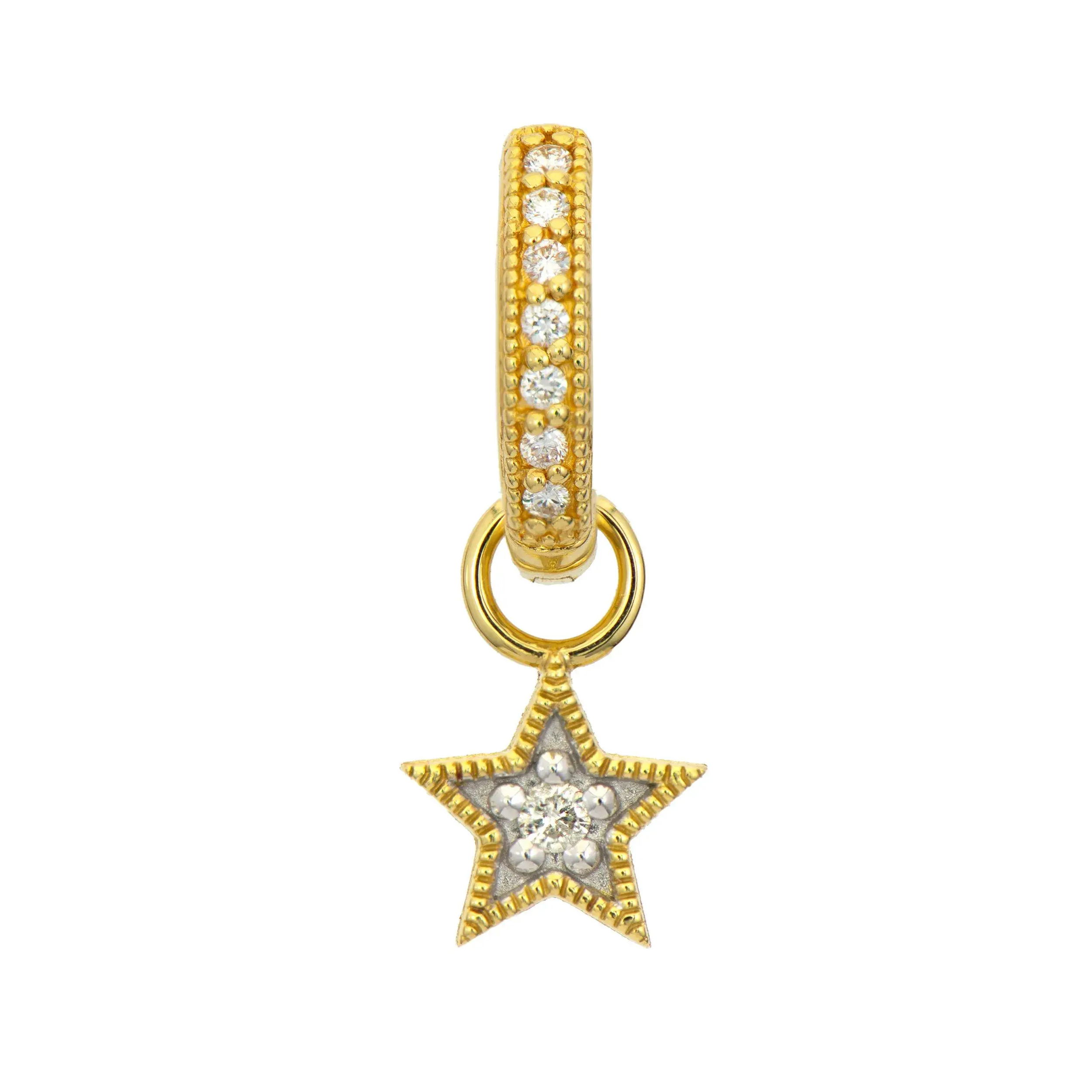 Combining classic elegance with on trend shapes and styles, JFJ offers something for women of all ages. From the Petites Collection, this star charm features a white diamond in the center and 18k yellow gold milgrain detail along the edges. Hoops and charms sold separately. Charms sold as singles.-18k Yellow gold-Round white diamonds, 0.02cts-Dimensions, 7.40mm x 1.40mmItem# 809-00641 Petite Star Earring Charm