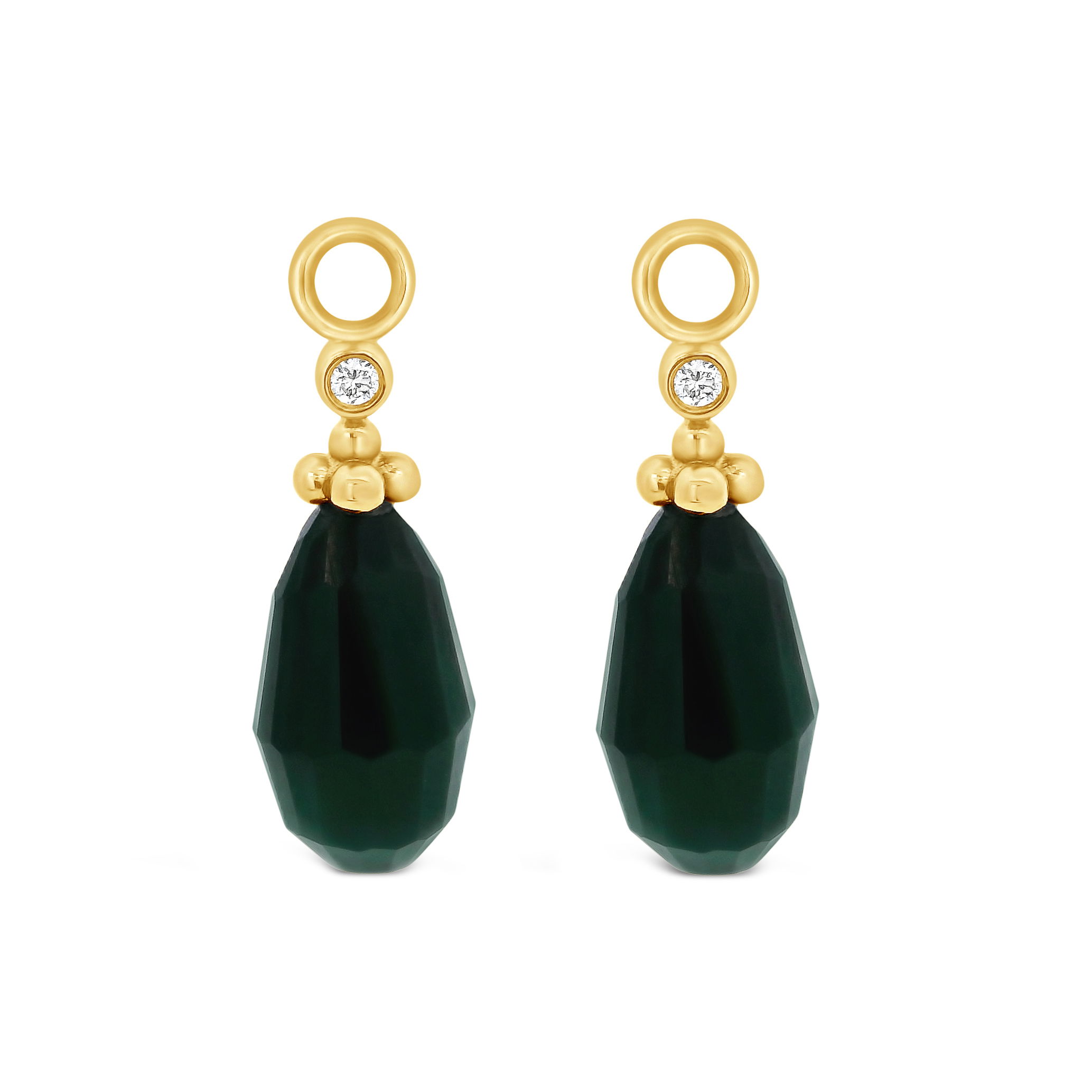 These elegant charms showcase teardrop-shaped black jade, accented by sparkling round diamonds, all set in 18k yellow gold. A striking combination of bold and refined elements, they bring a stylish touch of sophistication to any earring. Huggies sold separately.-18k Yellow gold-Teardrop jades, 15.31ctsRound diamonds, 0.03ctsItem# 809-00648 Jade Earring Charms
