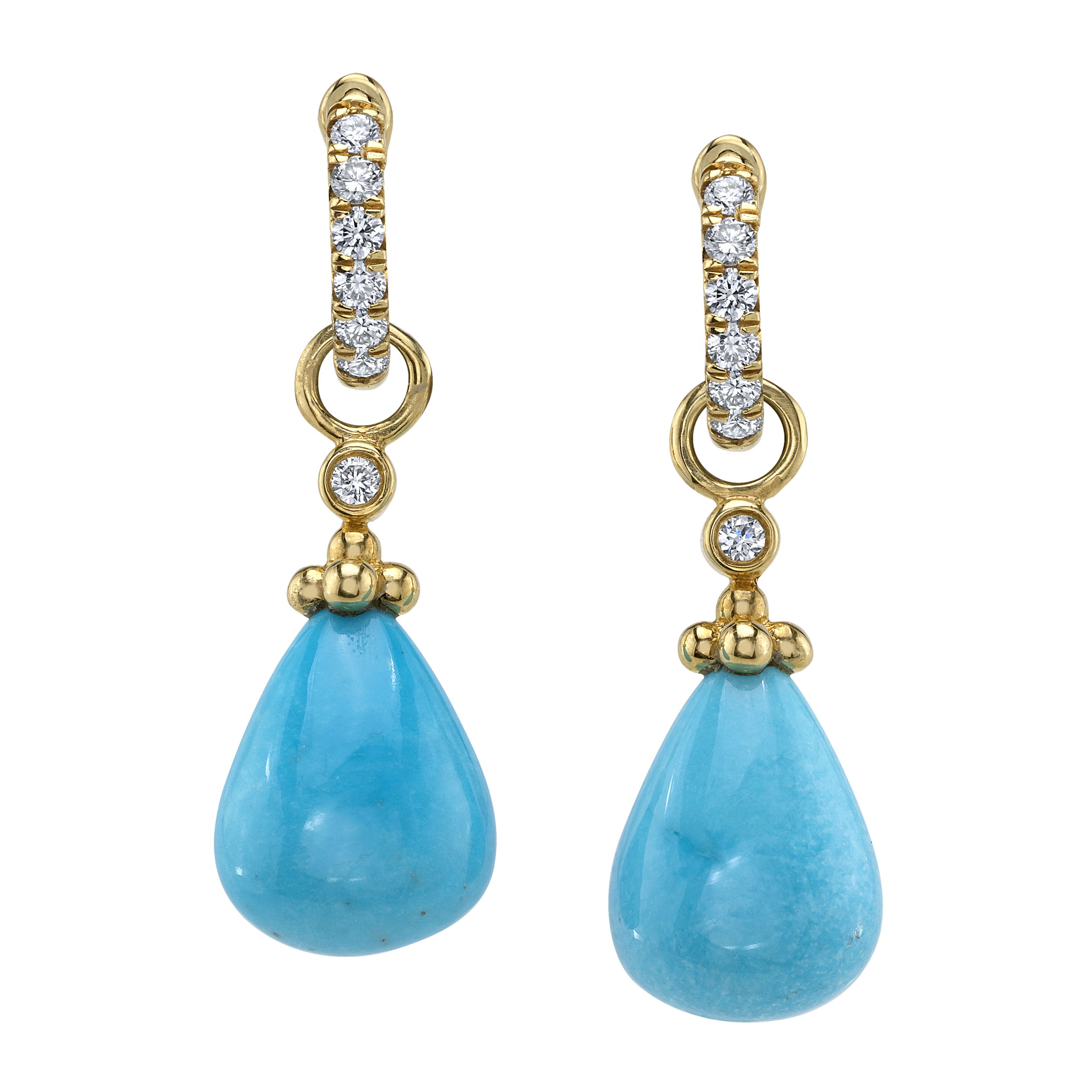 The Faith Charms, crafted from 18k yellow gold with turquoise and round diamonds, add a subtle pop of color to any look. Simple yet stylish, they're perfect for everyday wear. Huggies sold separately.-18k Yellow gold-Turquoise drops, 12.50cts-Round diamonds, 0.05ctsItem# 809-00659 Faith Charms
