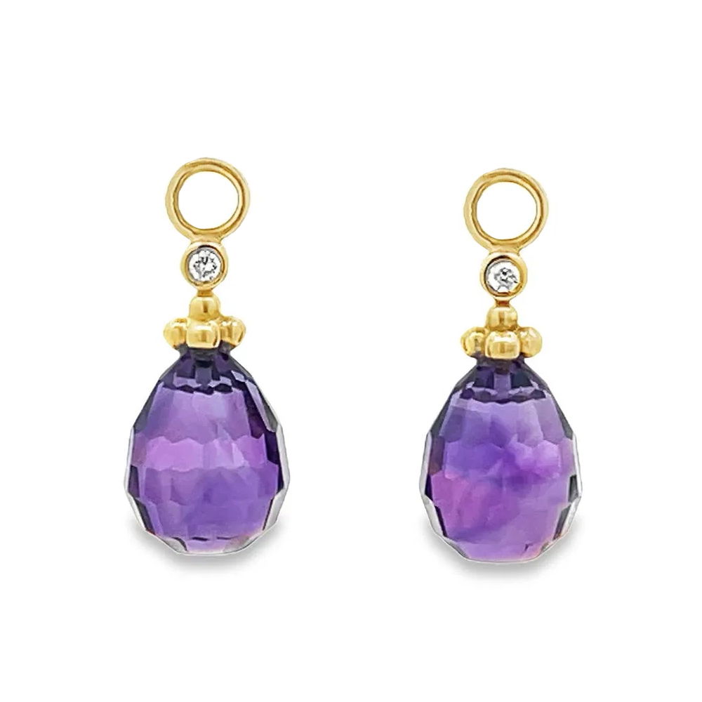 These elegant charms showcase teardrop-shaped black jade, accented by sparkling round diamonds, all set in 18k yellow gold. A striking combination of bold and refined elements, they bring a touch of sophistication and drama to any earring. Huggies sold separately. -18k Yellow gold-Amethyst-Round diamonds, 0.06ctsItem# 809-00660 Amethyst Earring Charms