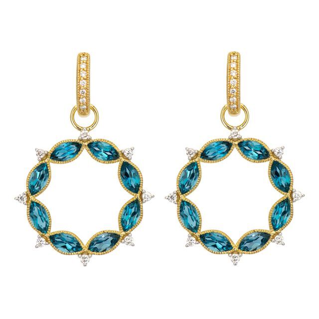 Combining classic elegance with on trend shapes and styles, JFJ offers something for women of all ages. These charms feature blue topaz and diamonds set in 18k gold in a circle. These unique pieces will add an unparallelled beauty to any look, whether that be daily wear or an evening out. Hoops and charms sold separately.-18k Yellow gold-Round white diamonds-Marquise blue topazItem# 809-00667 Open Marquise Charms