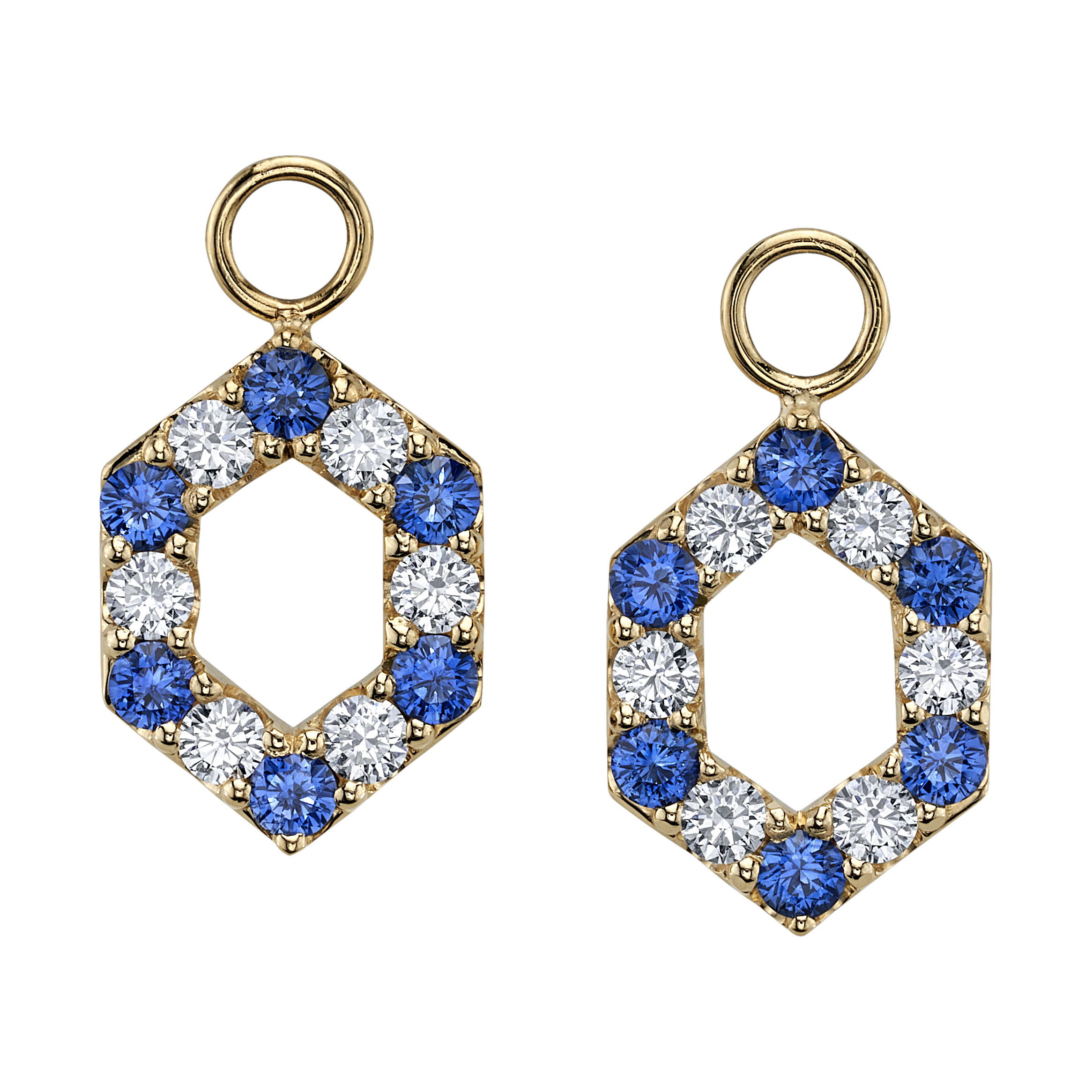 These elegant earrings feature vibrant sapphires paired with sparkling diamonds, all set in 18k yellow gold. Offering a timeless blend of color and brilliance, they add the perfect touch of sophistication to any occasion. Huggies sold separately.-18k Yellow gold-Round sapphires, 1.26cts-Round diamonds, 1.56ctsItem# 809-00674 Prismara Earring Charms