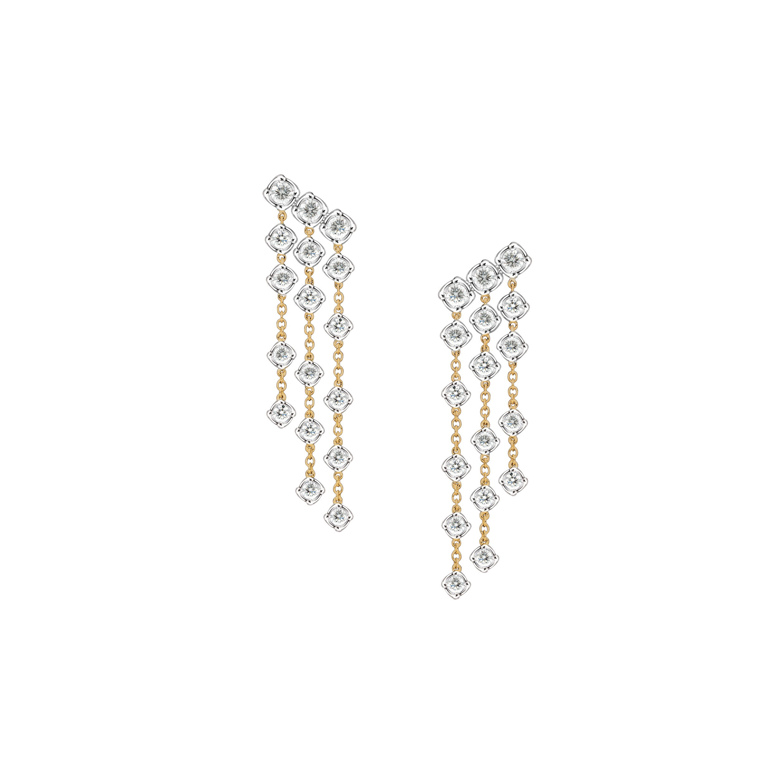 Make a statement with these stunning waterfall earrings, featuring cascading diamonds set in a twisted faux bezel. The unique setting adds depth and dimension, while the flowing design creates graceful movement with every step. Sophisticated and eye-catching, they’re perfect for special occasions or elevating your evening look.-18k Two toned gold-Round diamonds, 2.51ctsItem# 150-01758 Two Toned Chandelier Earrings