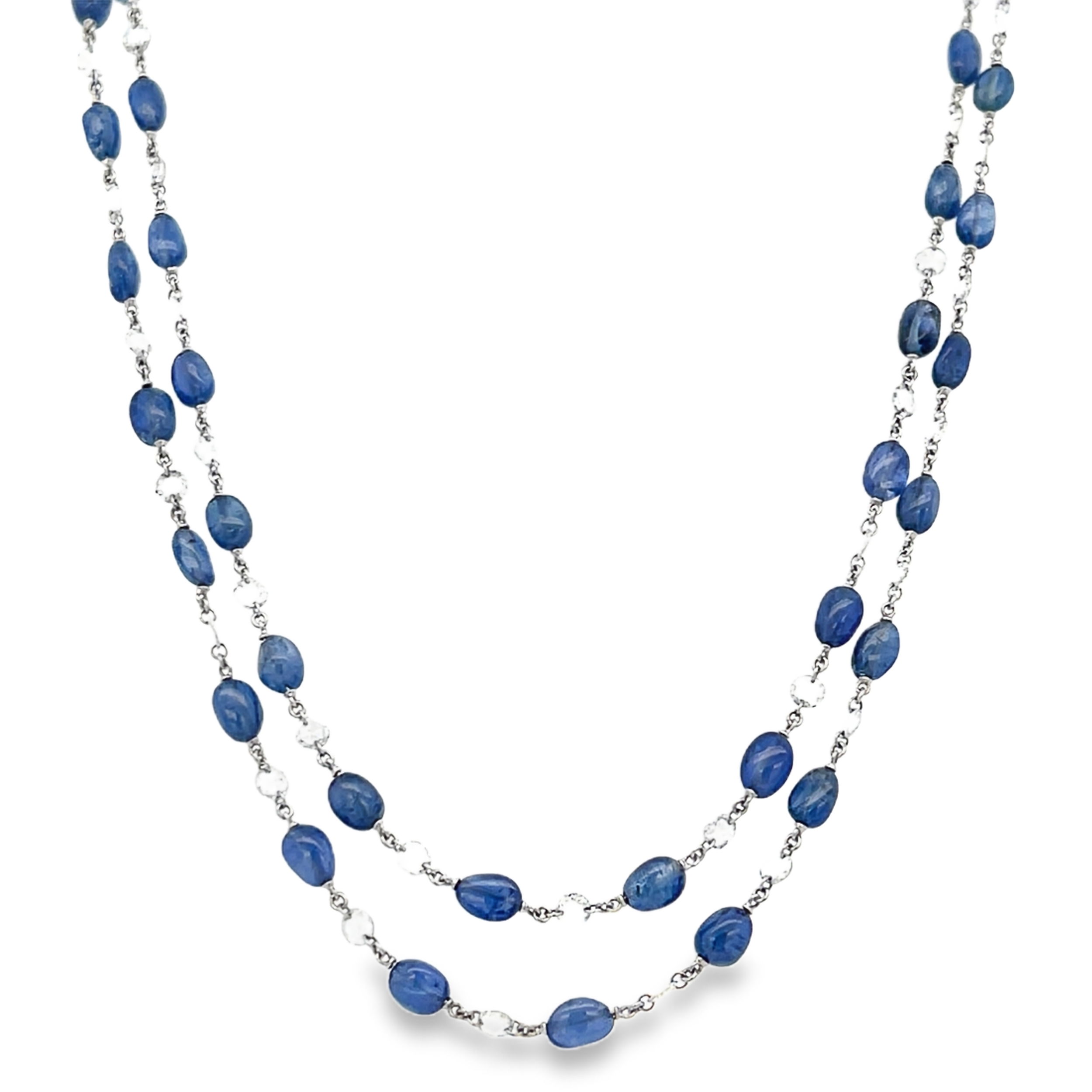 Exquisitely combining the beauty of natural diamonds and modern unique design, Fancy Creations showcases their signature laser cut diamonds and exceptional creativity within every piece, each more fascinating than the last.-18k White gold-Rose diamonds, 4.89cts-Oval sapphires, 45.3ctsItem# 235-2000007 Oval Sapphire Necklace