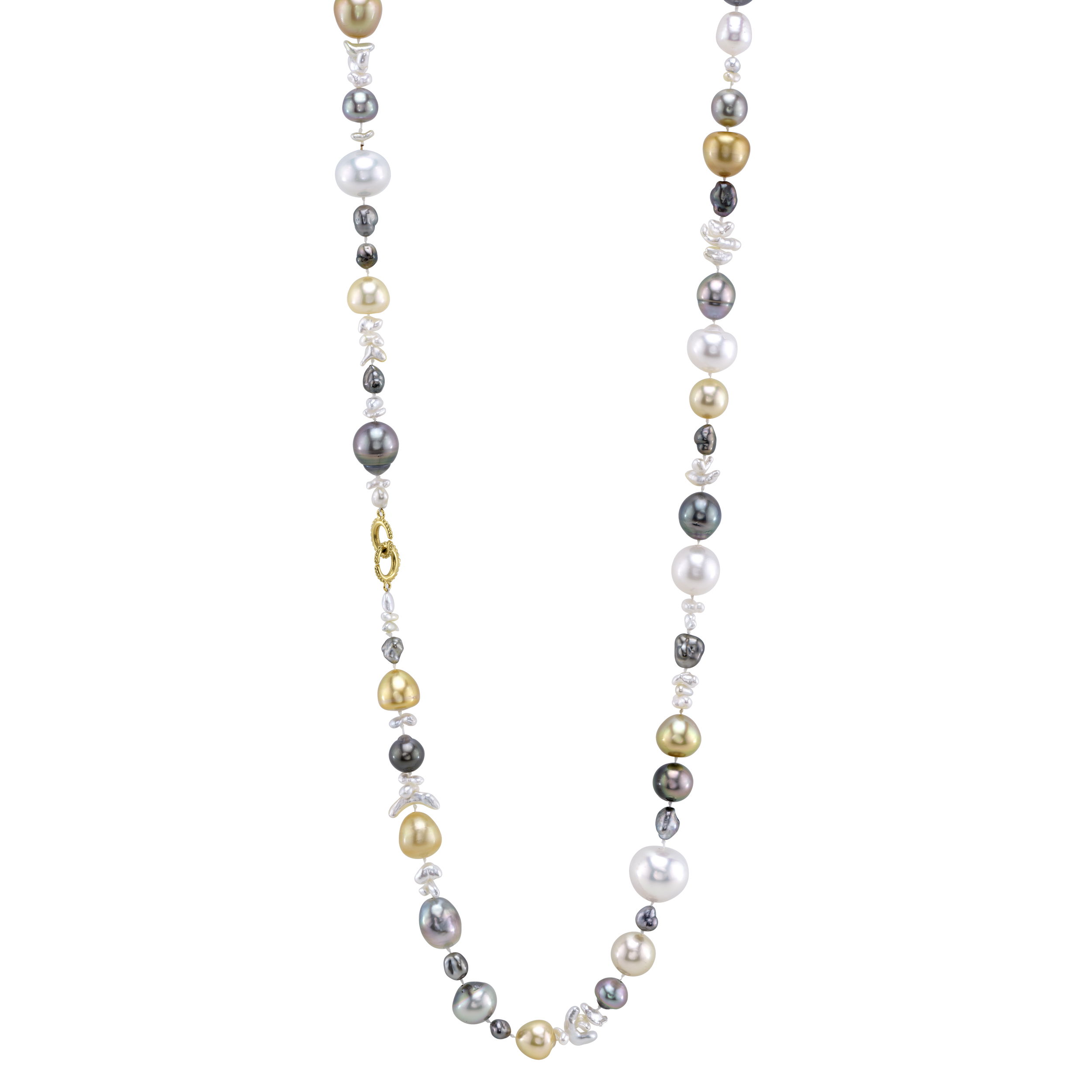 This luxurious three-strand necklace, crafted from 18k yellow gold, features an exquisite blend of Tahitian, South Sea, and Keshi pearls. The combination of rich tones and unique textures creates a statement piece that exudes elegance and individuality. Style this piece as shown on the model in the last three photos. Please note that the main product image reflects the exact necklace you will receive.-18k Yellow gold-Tahitian, South Sea, and keshi pearls-Sister hook clasps-3 Strand 16.5”, 18.5”, 20.75”Item# 325-00219 Mini Loretta Three Strand Necklace