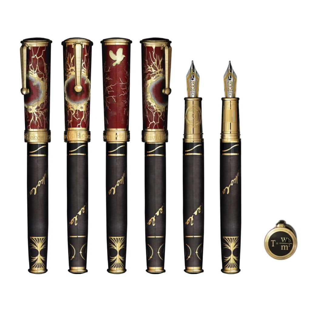 The Nikola Tesla Pen by David Oscarson is a limited-edition piece that blends luxury with innovation. Crafted from sterling silver, its sleek design and intricate engravings honor the genius of Nikola Tesla. Limited to just 86 pieces, this pen is a collector's gem, offering a smooth writing experience. Ideal for those who appreciate both intellect and elegance, the Nikola Tesla Pen adds a touch of sophistication to every word.-Sterling Silver-EnamelItem# 002-750-00004 Nikola Tesla Pen 7/86