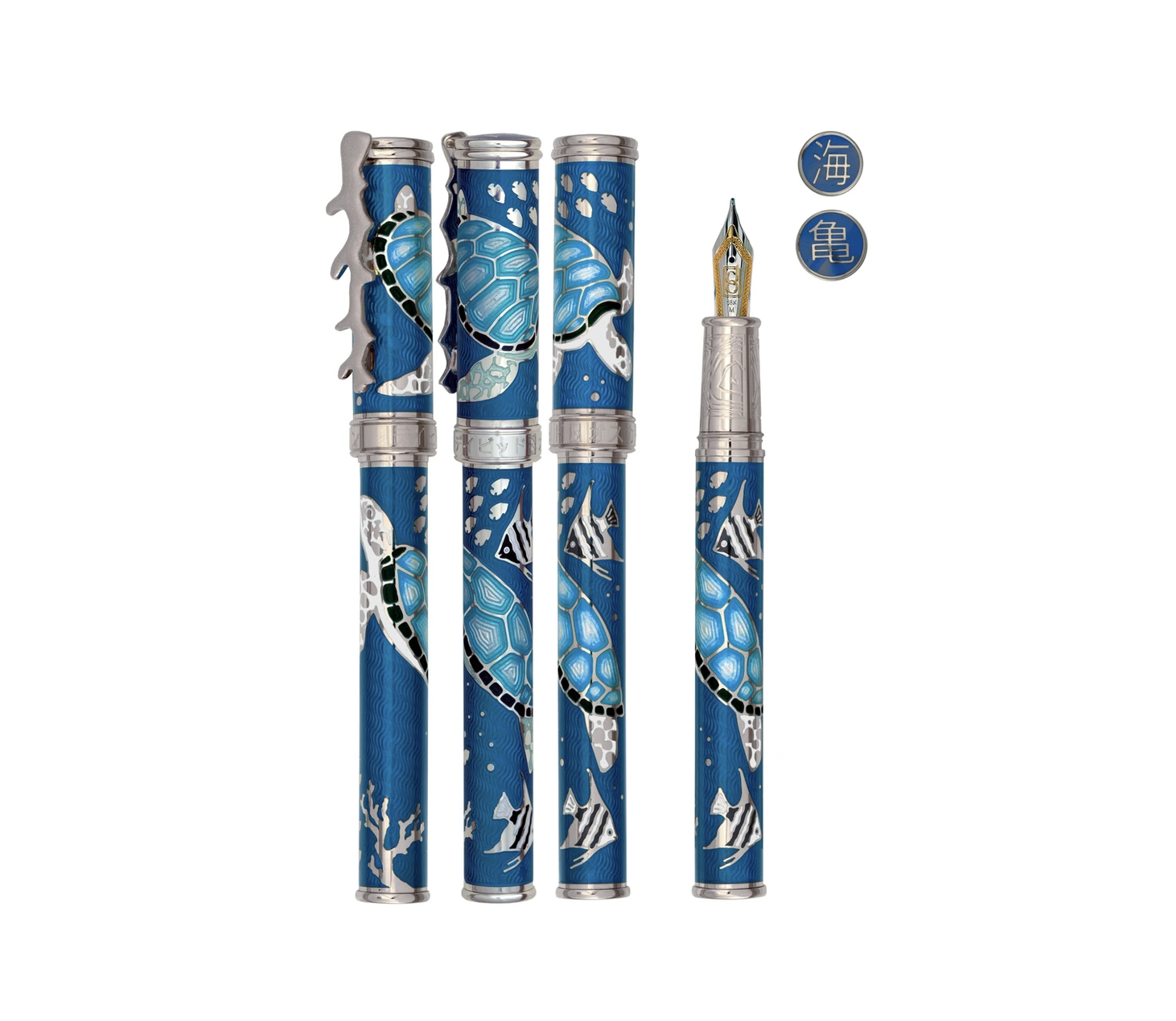 The Sea Turtle Pen by David Oscarson is a limited-edition writing instrument that combines artistry with marine-inspired elegance. Featuring a detailed sea turtle design in vibrant enamel and precious metals, this pen is part of an exclusive series of 88 pieces. Each pen is a testament to fine craftsmanship, bringing a touch of oceanic beauty to any desk or collection. Enhance your writing experience with the graceful design and artistry of the Sea Turtle Pen by David Oscarson.-Sterling Silver-EnamelItem# 002-750-00005 Sea Turtles Pen 7/8