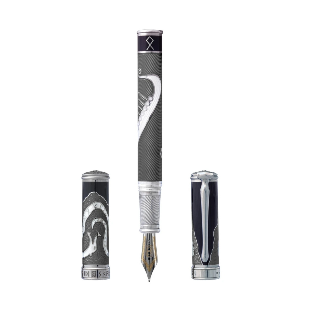 The Valhalla Thor Pen by David Oscarson is a limited-edition collectible that captures the spirit of Thor through its exquisite design. Crafted with rhodium vermeil, this pen reflects elegance and sophistication, making it a standout piece for collectors and luxury pen enthusiasts. Limited to just 88 pieces, it offers a smooth writing experience and honors Norse mythology with every detail. Perfect for gifting or personal use, the Valhalla Thor Pen brings a touch of the mythical to your writing endeavors.-Rhodium Vermeil-EnamelItem# 002-750-00015 Valhalla Thor Pen 52/88