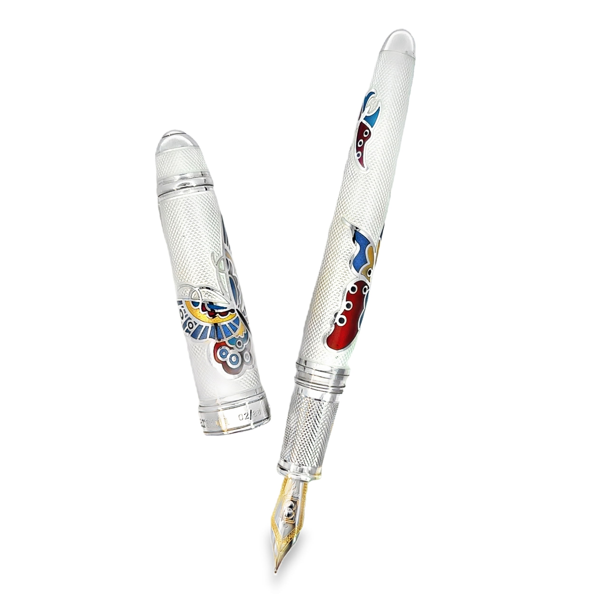 The Butterfly Pen is a rare piece from the WYNN Encore Exclusive Edition of the David Oscarson line, being the second of just 88 created. Inspired by the butterfly motif from the WYNN Encore Hotel, this pen features a unique Art Nouveau design with broad appeal. Each pen is meticulously crafted, making it a distinctive addition to any collection.-Sterling Silver-EnamelItem# 750-2000008 Butterfly Pen 2/88
