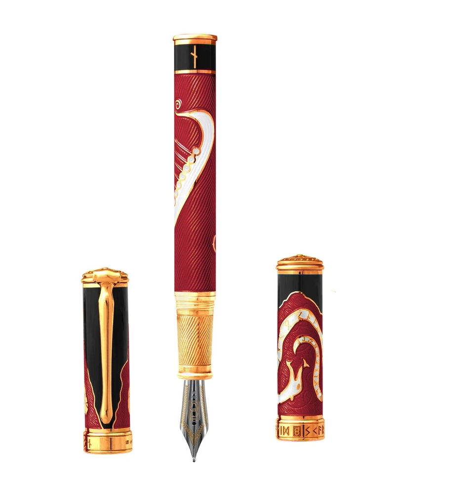 The David Oscarson Valhalla Frey Fountain Pen is a limited-edition piece, one of just 88 in the series, showcasing intricate guilloché patterns and exquisite enamel work. Handcrafted with care, it features an 18-karat gold nib for a smooth and flawless writing experience. This pen is not just a tool but a statement of sophistication and exclusivity, making it a prized addition for collectors or an extraordinary gift for those who appreciate fine craftsmanship.-18k Yellow Gold-EnamelItem# 750-2000010 Valhalla Frey Pen 53/88