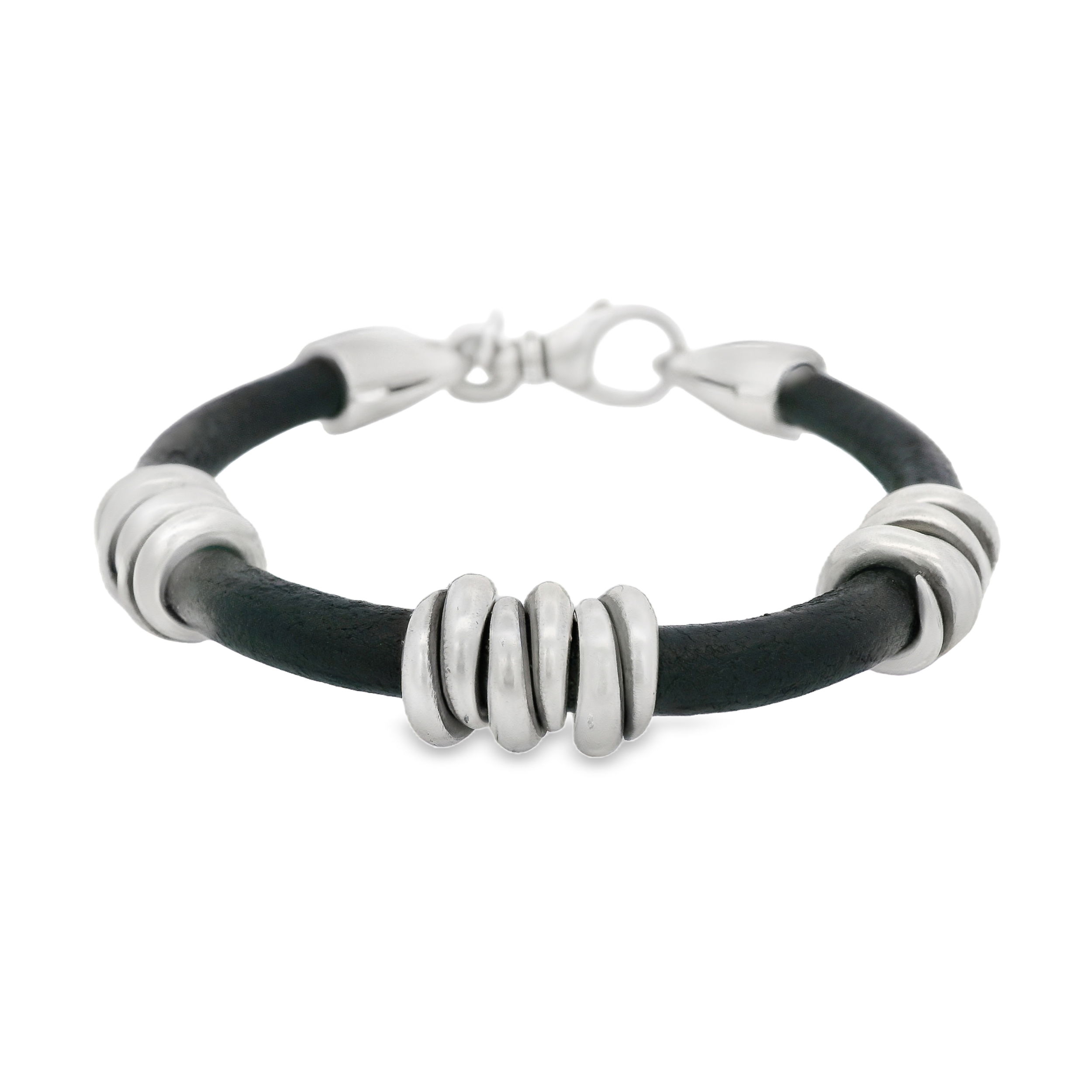 Silver and Black Leather Bracelet