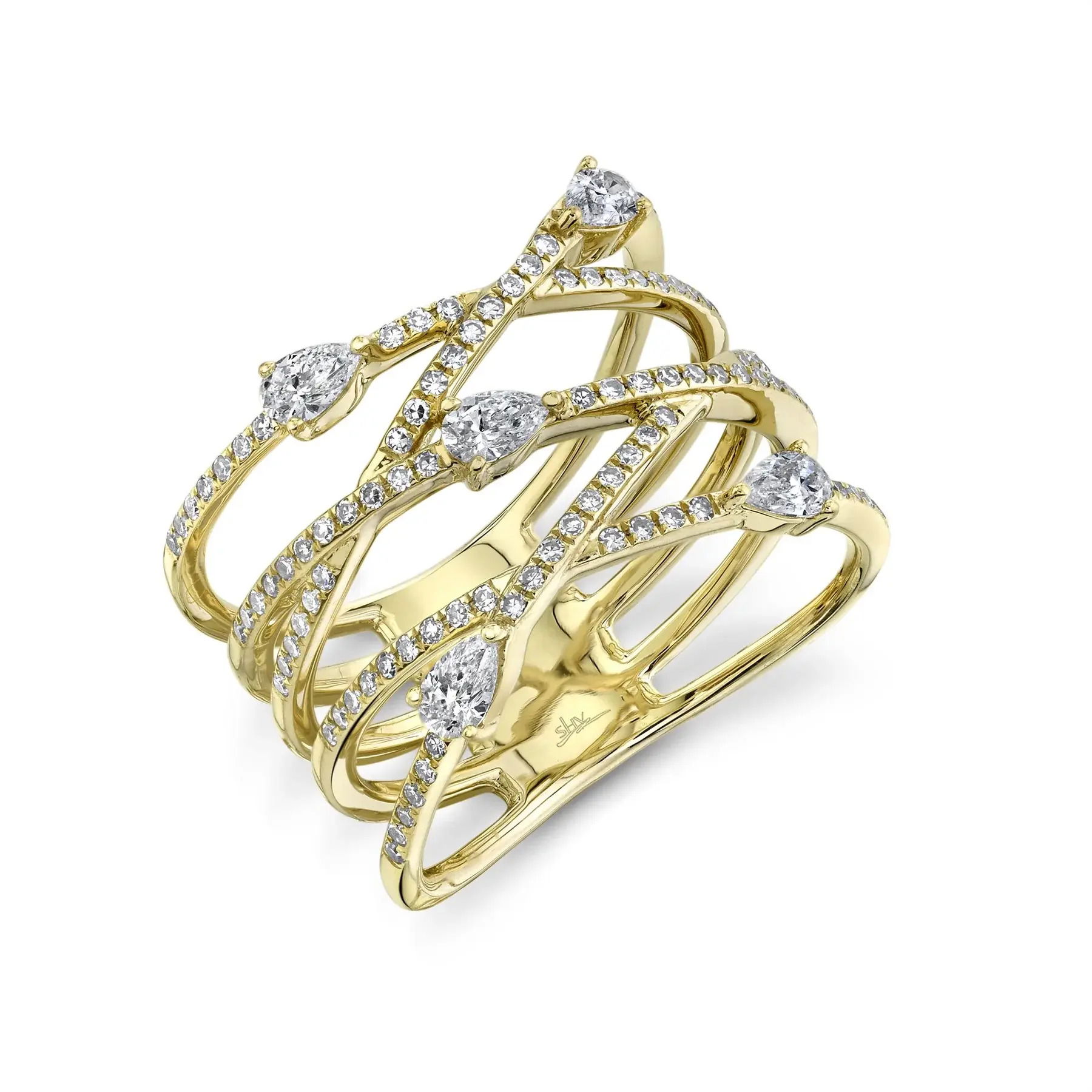 A unique and stylish accessory that adds a touch of flair to any gathering or special occasion. All Shy Creation diamonds are natural and hand-selected. All stones are unique and hand set. As a result, you can expect slight variations in the shade, hue, tint of the color stones and stone count. -14k Yellow gold-Round diamonds, 0.31cts-Pear diamonds, 0.41cts-Size 7Item# 804-00683 Criss Cross Diamond Ring