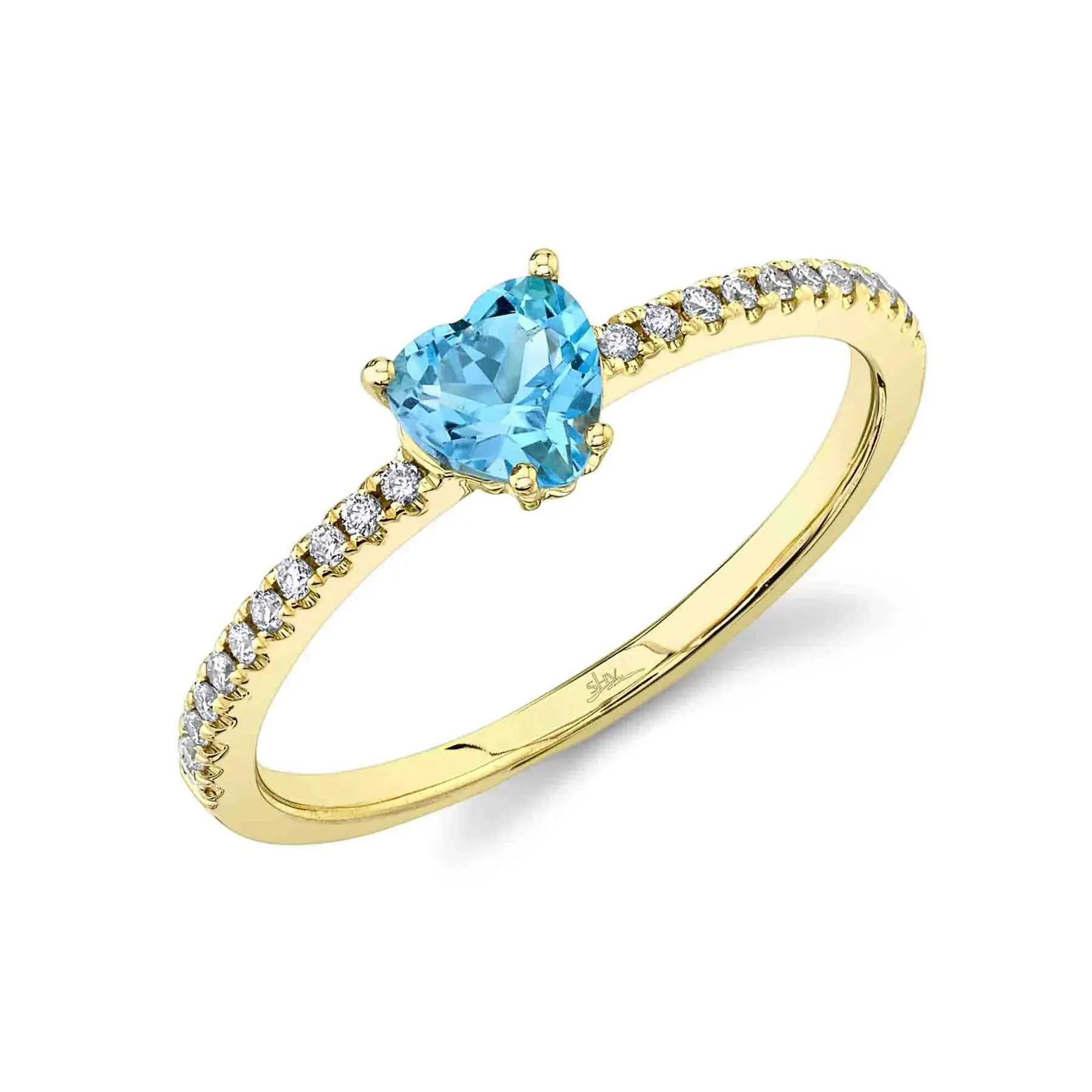 Subtle yet sophisticated, this piece enhances both casual and formal looks with its refined sparkle. All Shy Creation diamonds are natural and hand-selected. All stones are unique and hand set. As a result, you can expect slight variations in the shade, hue, tint of the color stones and stone count.-14k Yellow gold-Heart blue topaz, 0.57ct-Round diamonds, 0.11cts-Size 7Item# 804-00764 Diamond & Blue Topaz Heart Ring