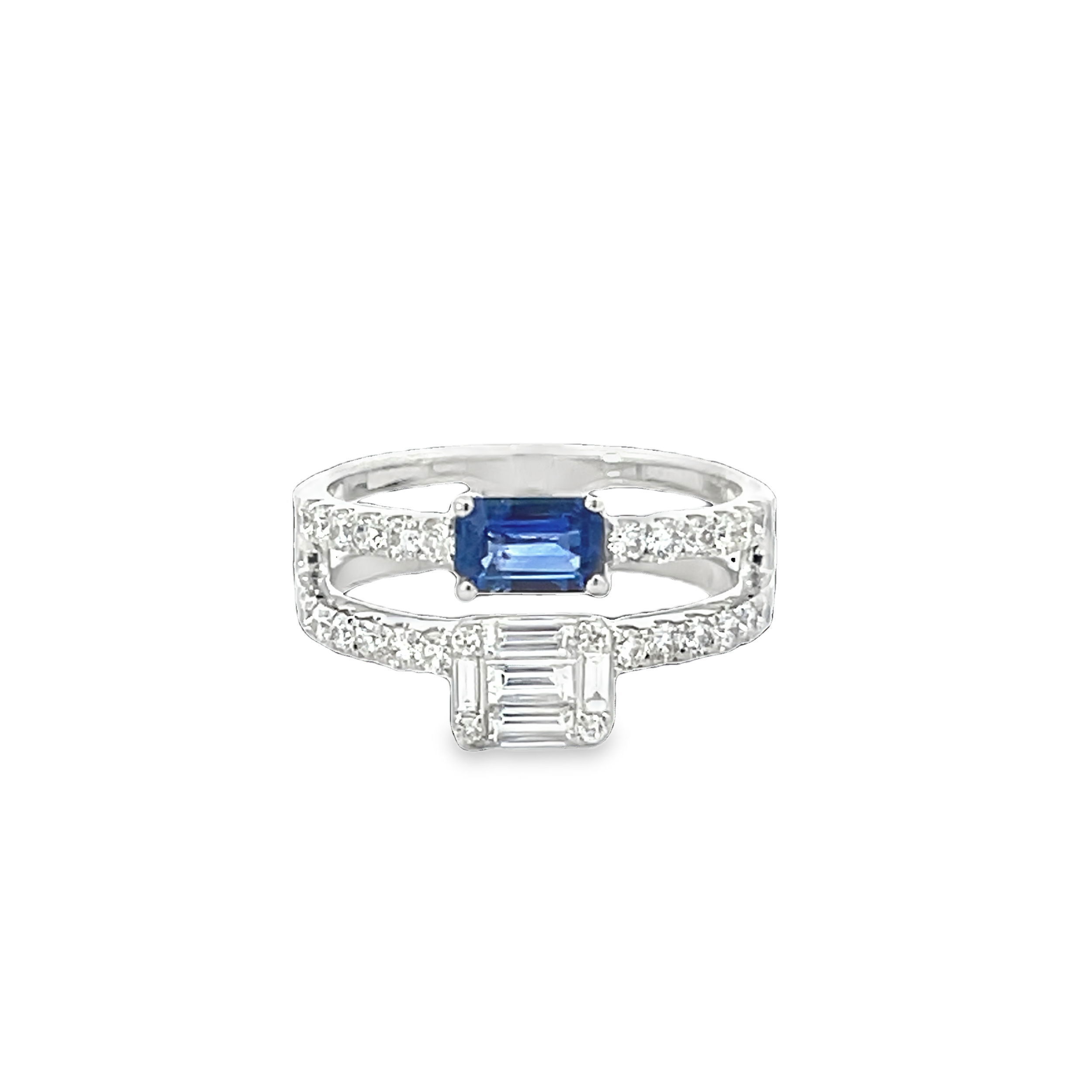 This split row sapphire ring is perfect for a touch of blue! With sparkling diamonds this ring is a promised head turner.-14K White gold-Emerald cut blue sapphire, 0.71ct-Baguette & Round diamonds, 0.84cts-Size 7Item# 804-00829 Two Stone Sapphire Ring