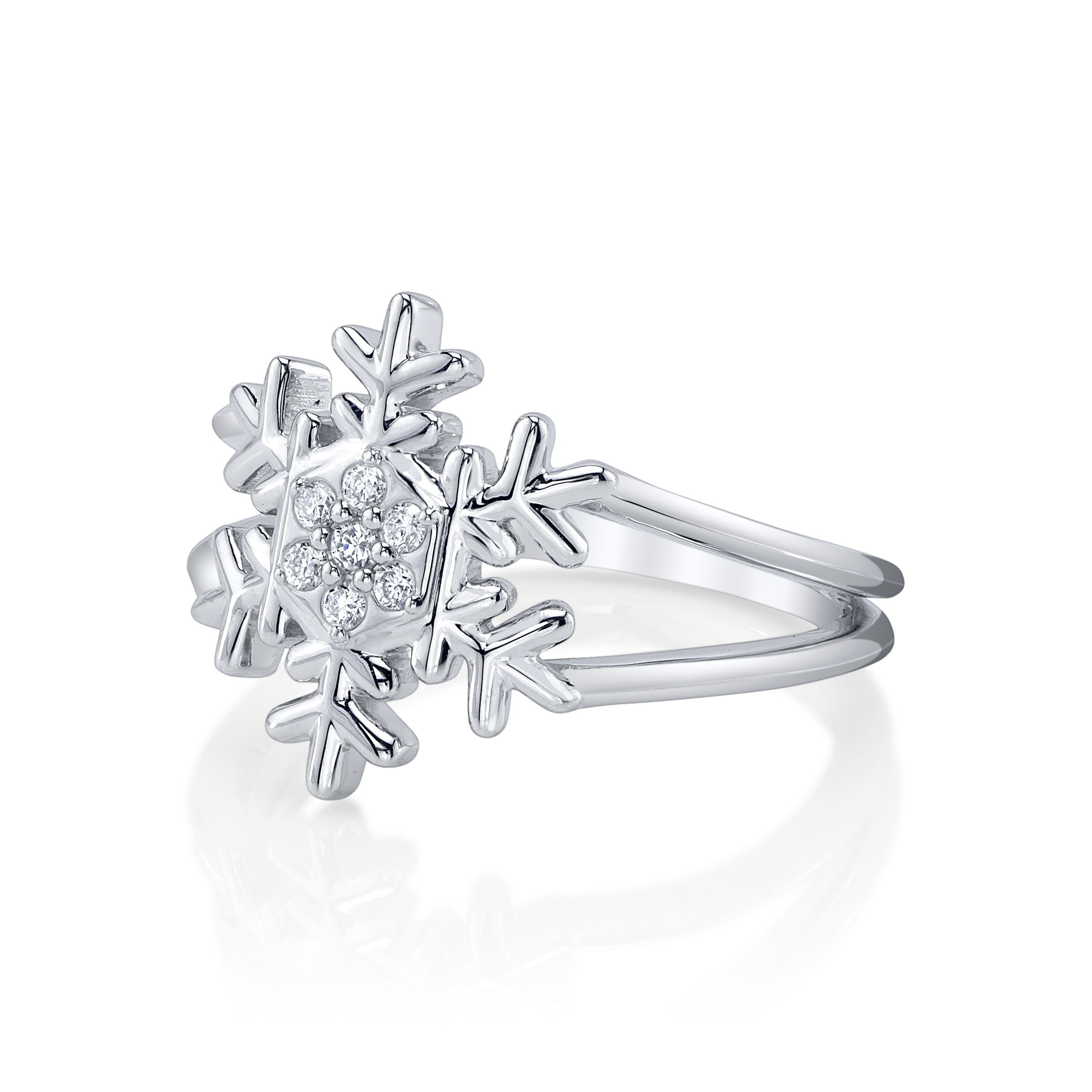 Enjoy the magic of a winter wonderland all year round with an exclusive snowflake ring designed by Valerie Naifeh.-Sterling Silver-Lab-grown diamond, 0.11ct-Daimeter 18mmItem# SVSFR-01SLD Snowflake Ring in Sterling Silver