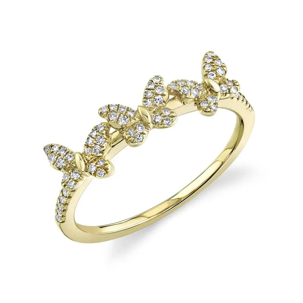 The perfect addition to your ring stack, offering versatility and style for any occasion. All Shy Creation diamonds are natural and hand-selected. All stones are unique and hand set. As a result, you can expect slight variations in the shade, hue, tint of the color stones and stone count.-14k Yellow gold-Round diamonds, 0.15cts-Dimensions, 0.25"W-Size 6Item# 804-2000012 Diamond Butterfly Ring
