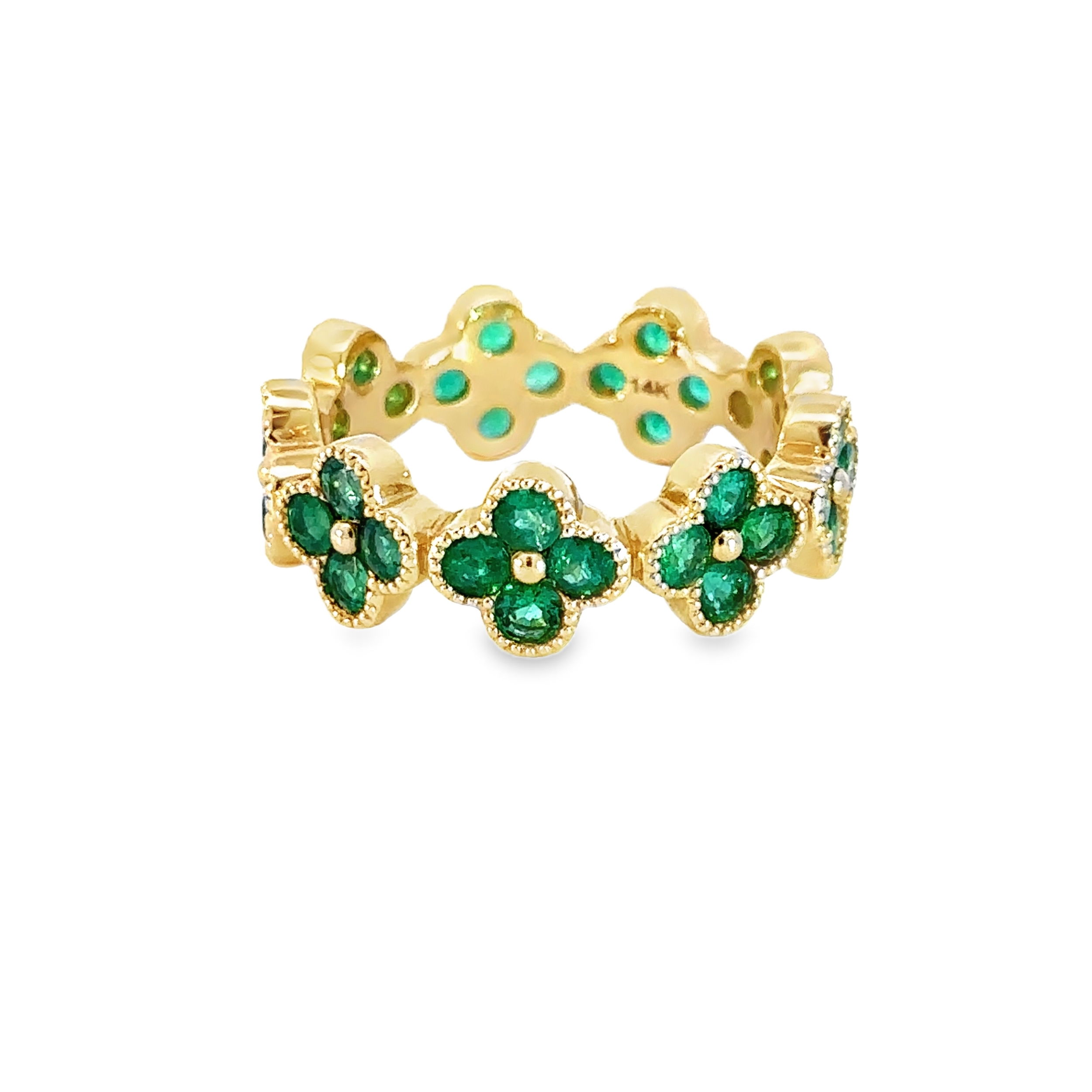 This ring features a stunning arrangement of emerald stones set in a delicate quatrefoil design. Its vibrant green hues and intricate detailing make it a timeless and sophisticated piece.-14k Yellow gold-Round green emeralds, 1.95cts-Size, 7Item# 804-2000057 Emerald Quatrefoil