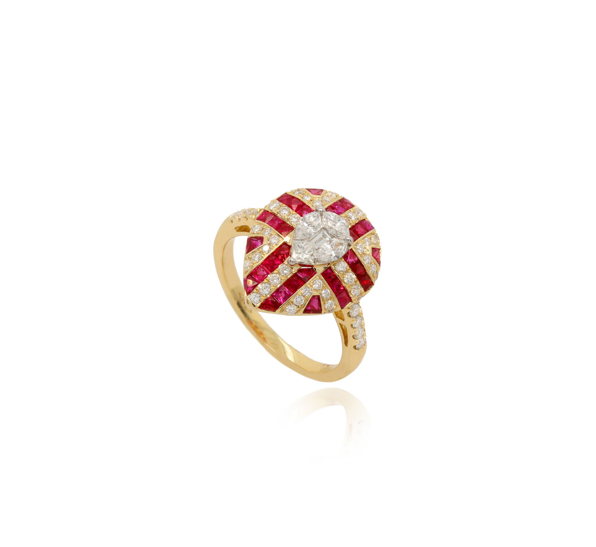Bold yet elegant, this puffed pear shape ring features a striking design with alternating rubies and diamonds. The curved silhouette adds dimension and softness, while the vibrant gems create a timeless contrast. A standout piece with classic appeal and contemporary edge.-14k Yellow gold-Various shaped diamonds, 0.70cts-Square rubies, 1.73cts-Size 7Item# 804-2000059 Ruby & Diamond Ring