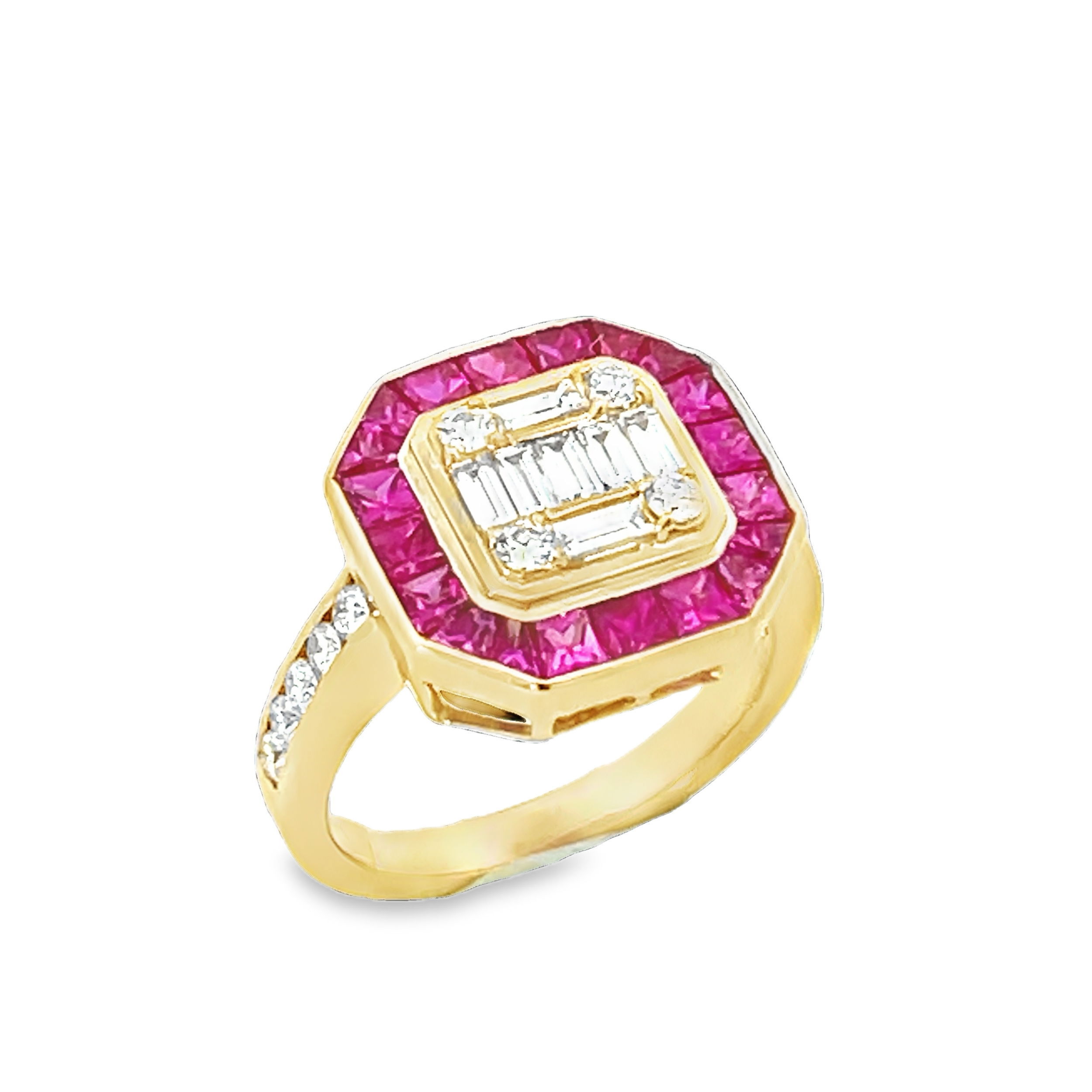 This ruby & diamond ring boasts elegance and fun! With its unique square shape, this ring will always add to your sparkle!-14k Yellow gold-Round & Baguette diamonds, 0.85cts-Square rubies, 3.00cts-Size 6.75 contact for sizing optionsItem# 804-2000062 Ruby & Diamond Ring