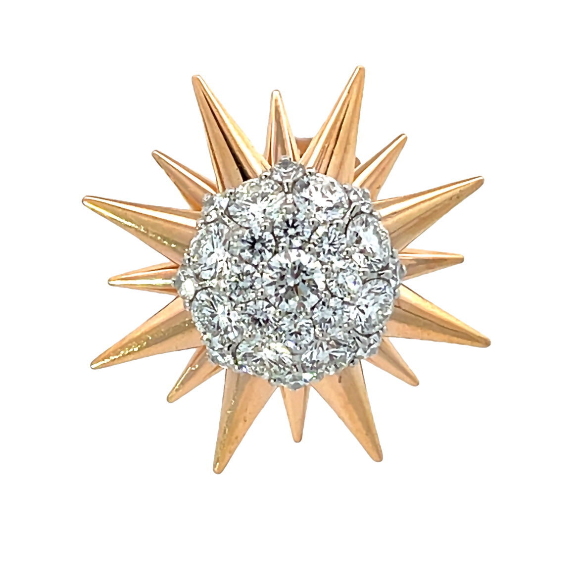 These earrings showcase a burst of brilliance and beauty, adding a touch of glamour and sophistication to any ensemble. Cicada atelier is located in the heart of the New York City jewelry district on 47th street, where each unique piece is meticulously handcrafted.-Platinum & 18k rose gold-Round Diamonds, 3.33ctsItem #805-01162 Star Burst Earrings