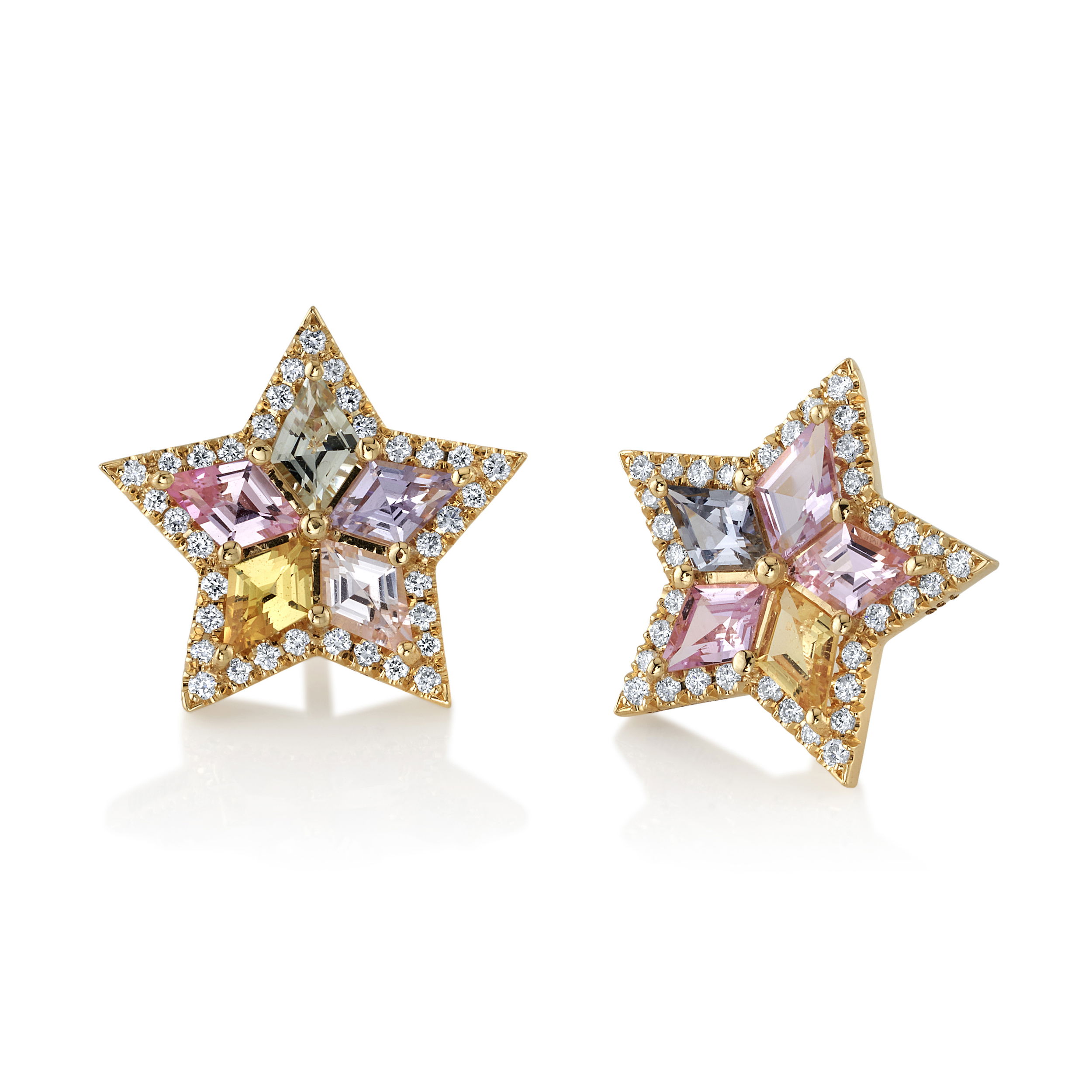 These star-shaped stud earrings, crafted from 18k yellow gold, feature vibrant sapphires and brilliant round diamonds. Perfect for adding a pop of color, they offer a subtle yet striking sparkle for everyday wear or special occasions.-18k Yellow gold-Multi-shaped sapphires-Round diamonds, 0.32ctsItem# 805-01320 Starstruck Stud Earrings