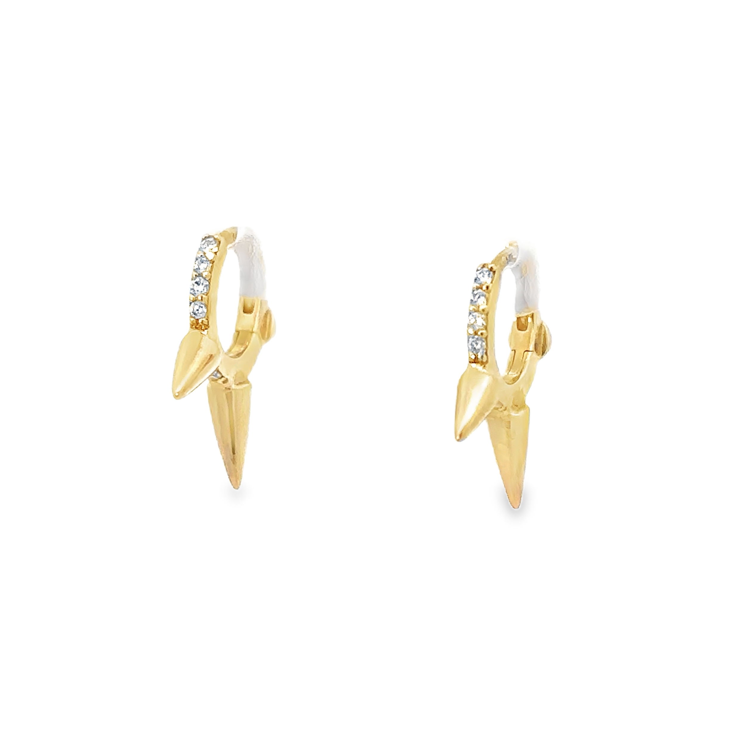 These huggie earrings are adorned with sparkling diamonds and feature three sleek, pointed spikes. The modern, edgy design adds a bold yet elegant touch to any jewelry collection.-14k Yellow gold-Round white diamonds, 0.06ctsItem# 805-01468 Spike Huggie Earrings